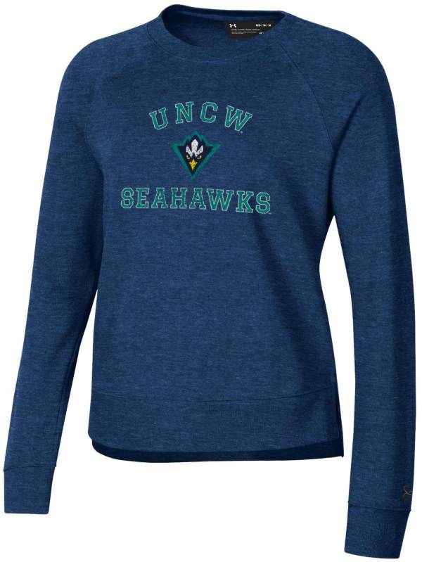 Under Armour Women's UNC-Wilmington Seahawks Navy Heather All Day Arched Logo Crew Pullover Sweatshirt, Medium, Blue