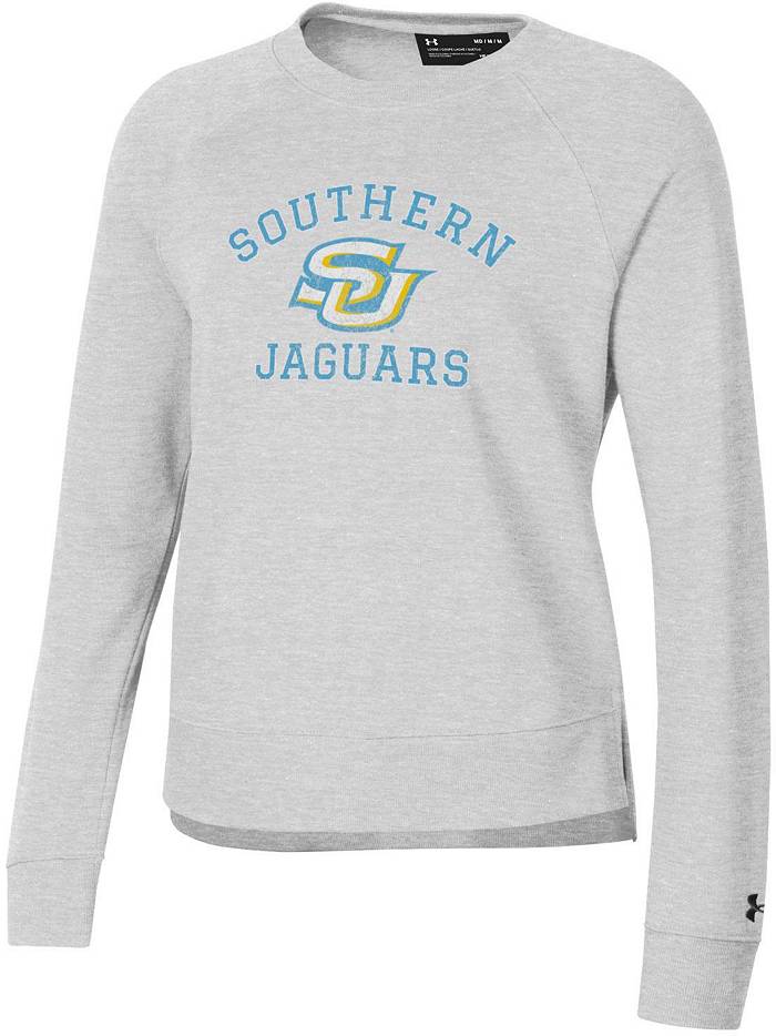 Under Armour Women's Southern University Jaguars Silver Heather All Day Arched Logo Crew Pullover Sweatshirt, Large, Gray