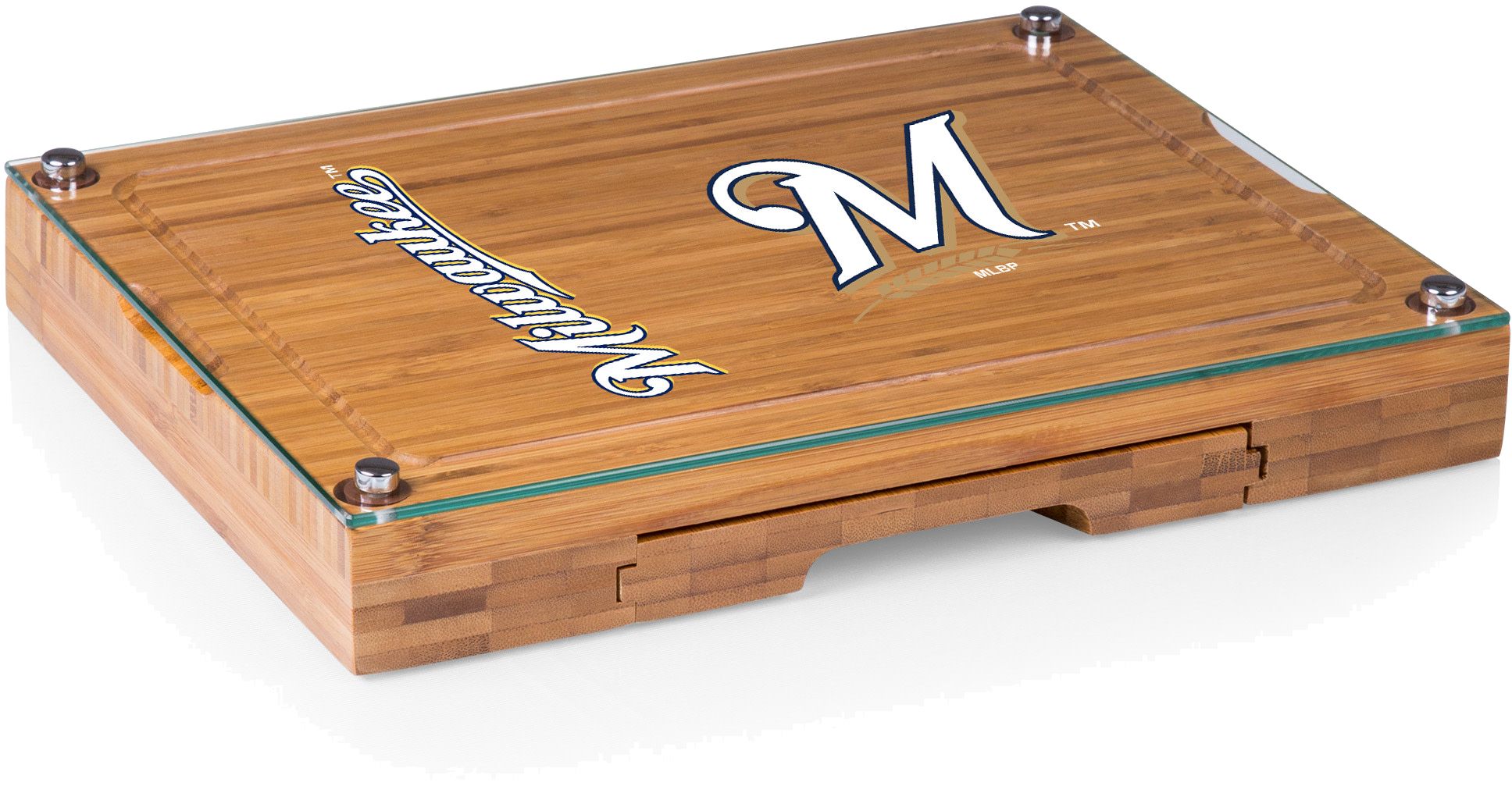 Picnic Time Milwaukee Brewers Concerto Glass Top Cheese Board and Knife Set product image