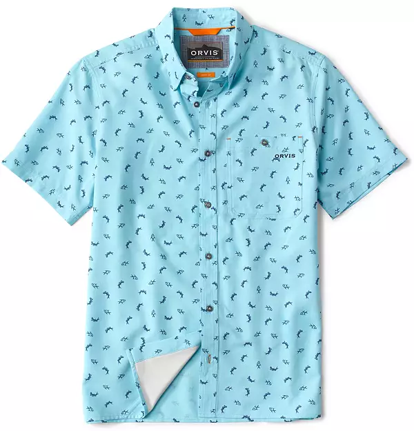 Orvis Men's Tech Chambray Short Sleeve Printed Shirt, Large, Blue