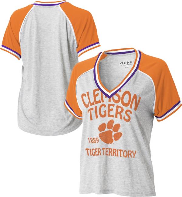 Wear by Erin Andrews Women's Clemson Tigers Grey Raglan Short Sleeve V-Neck T-Shirt, Large, Gray