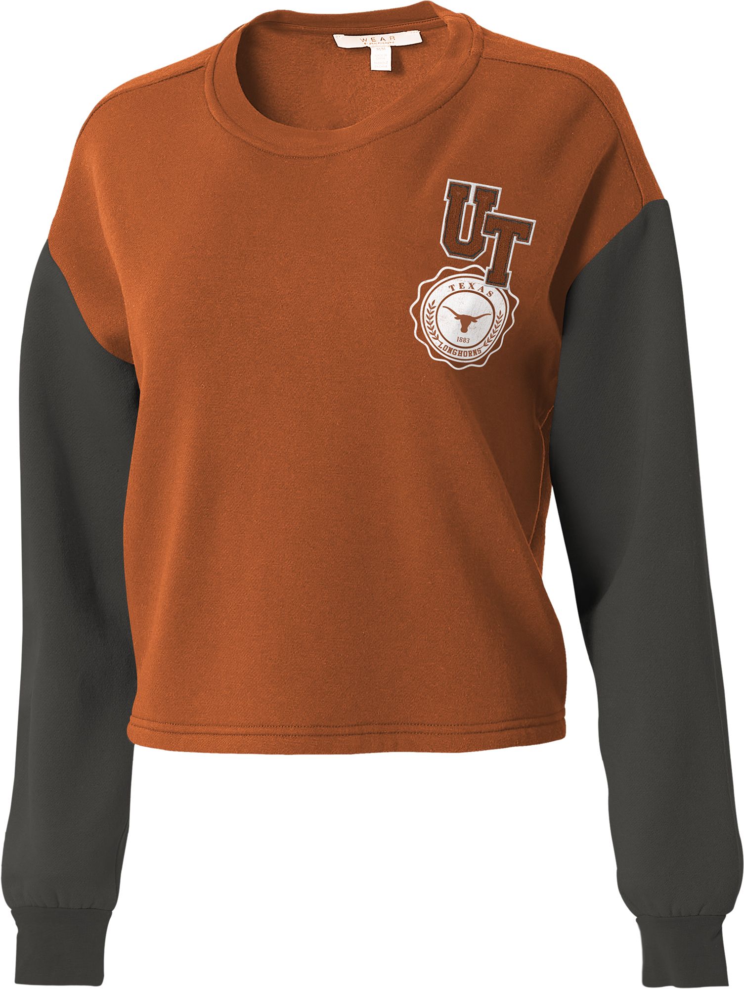 WEAR by Erin Andrews Women's Texas Longhorns Burnt Orange Colorblock Crew Neck Sweatshirt