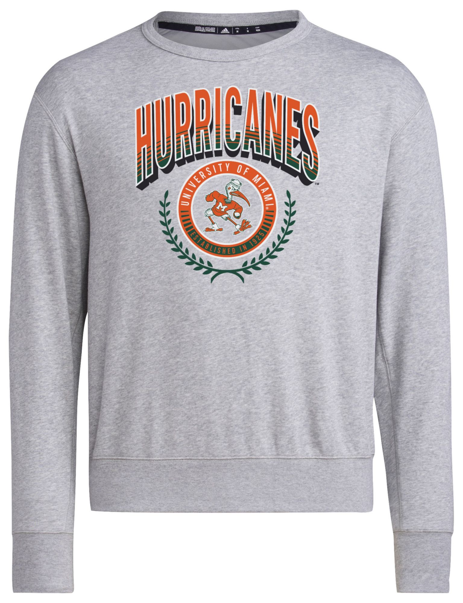 adidas Men's Miami Hurricanes Grey Vintage Pullover Crew Sweatshirt product image