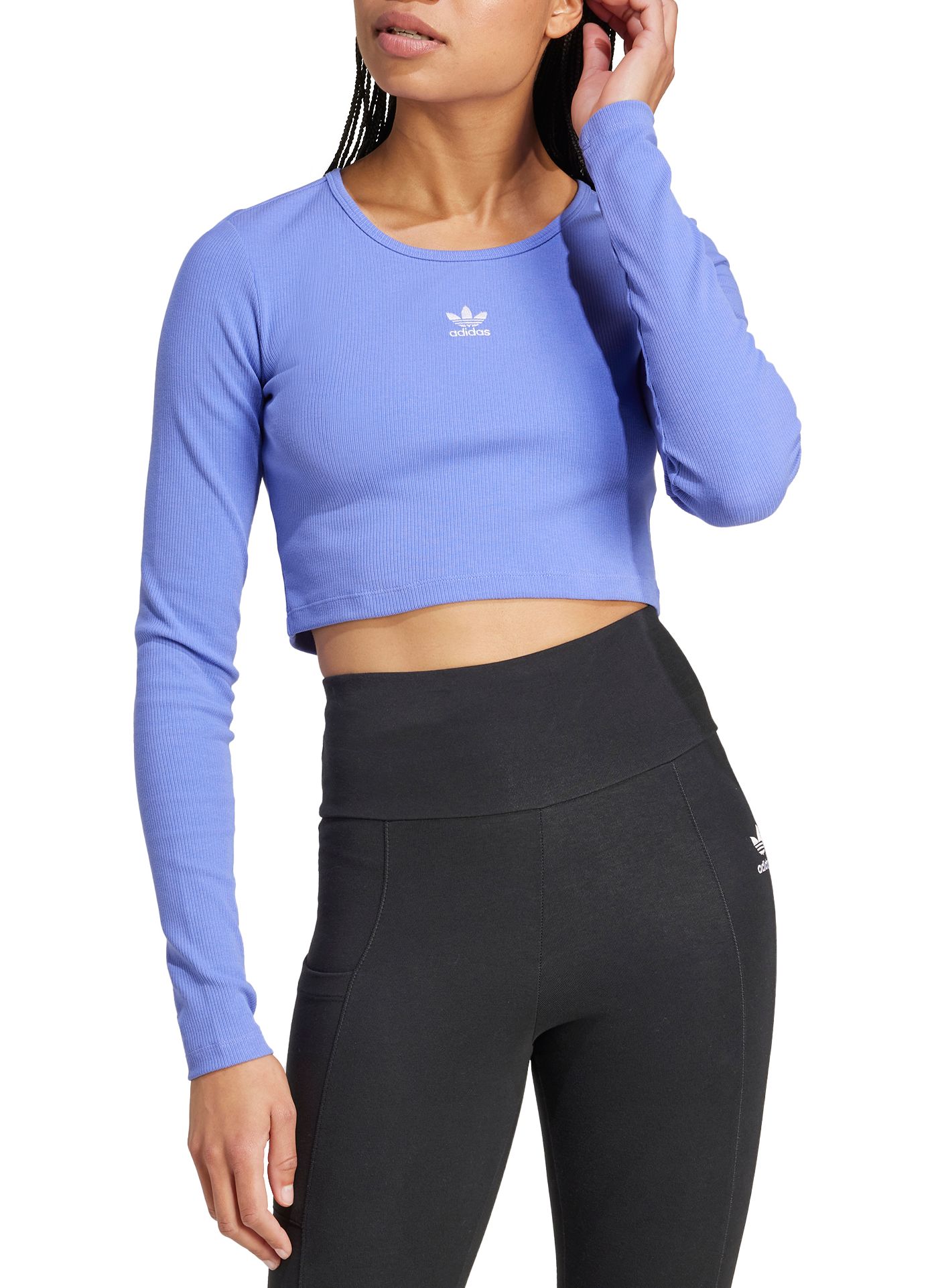 Adidas Originals Women s Essentials Ribbed Cropped Long Sleeve Top XS Semi Cobalt Blue