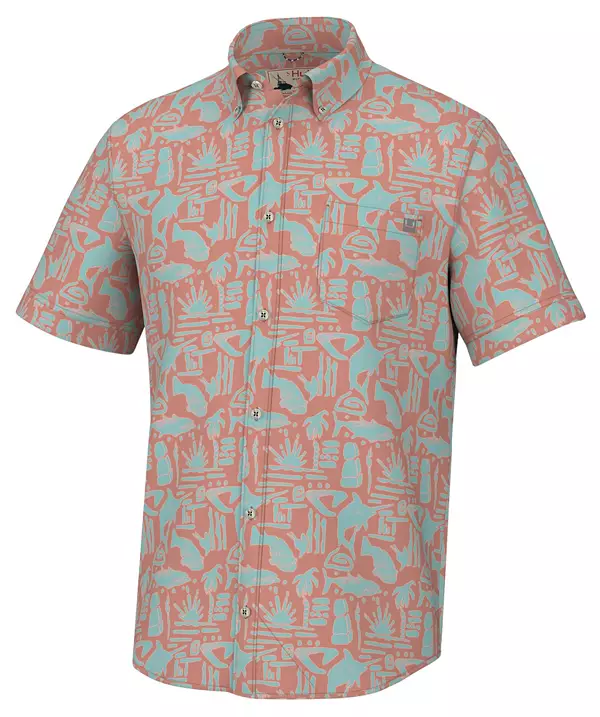 Huk Men's Tiki Beach Kona Button-Down Shirt, XL, Sunburn