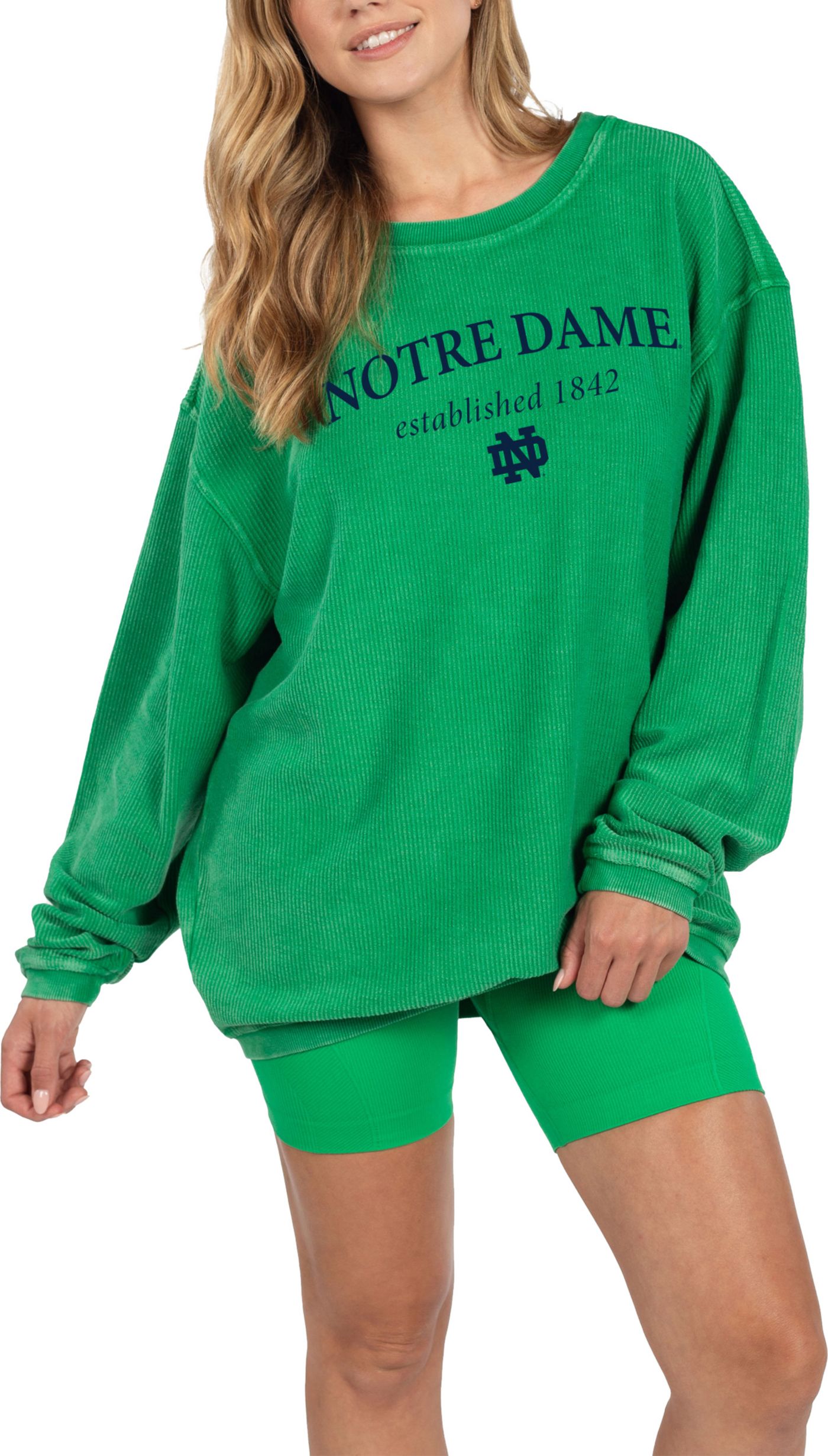 chicka d Women s Notre Dame Fighting Irish Green Corded Crewneck Sweatshirt Small