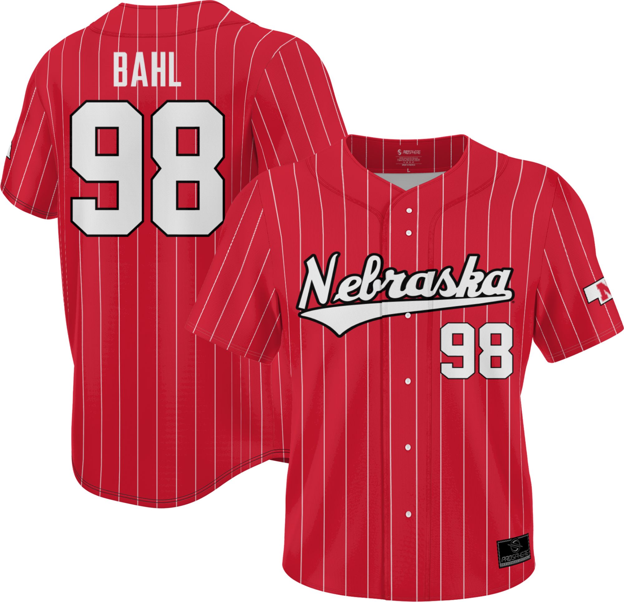 ProSphere Men's Nebraska Cornhuskers Scarlet Jordy Bahl #98 Full Button Pinstripe Softball Jersey product image