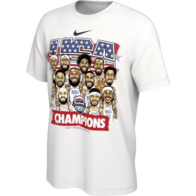 sorry, Nike Adult USA 2024 Men's Basketball Gold Medal Team Caricature T-Shirt is currently out of stock