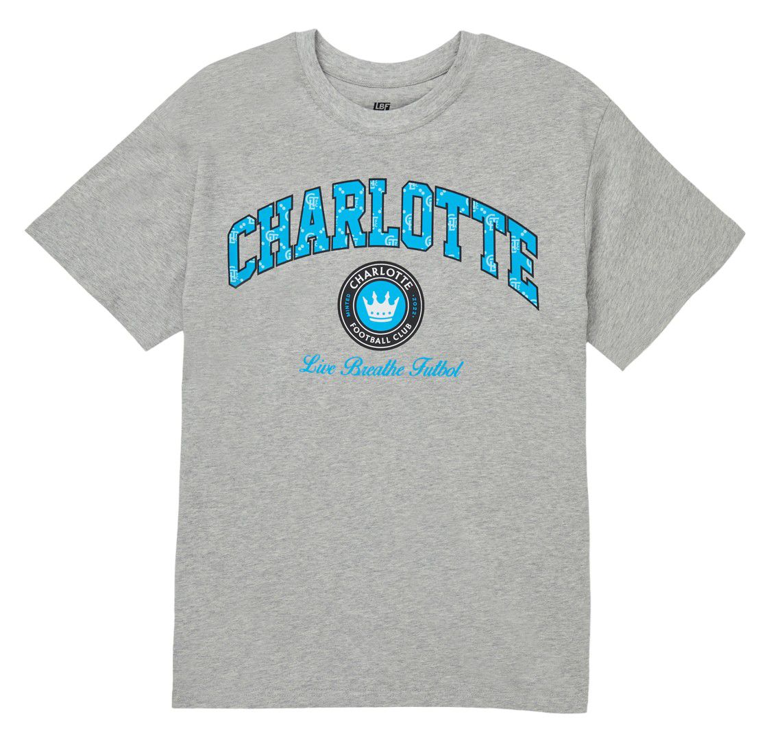 Live Breathe Futbol Men's Charlotte FC Wordnark Grey T-Shirt product image