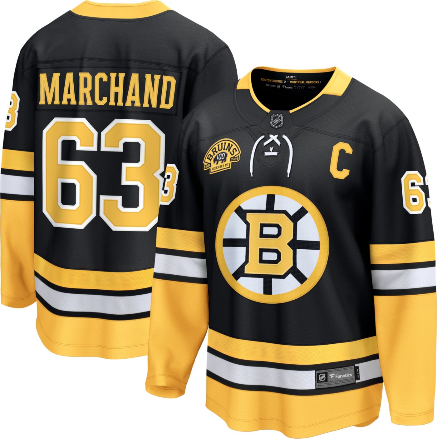 Men s Fanatics Brad Marchand Black Boston Bruins 100th Anniversary Premier Breakaway Player Jersey Size Small