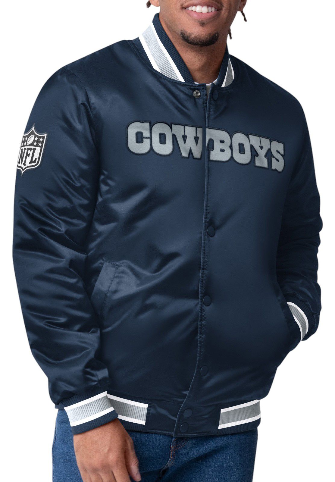 Starter Men's Dallas Cowboys Navy/Grey Varsity Satin Snap-Up Jacket product image