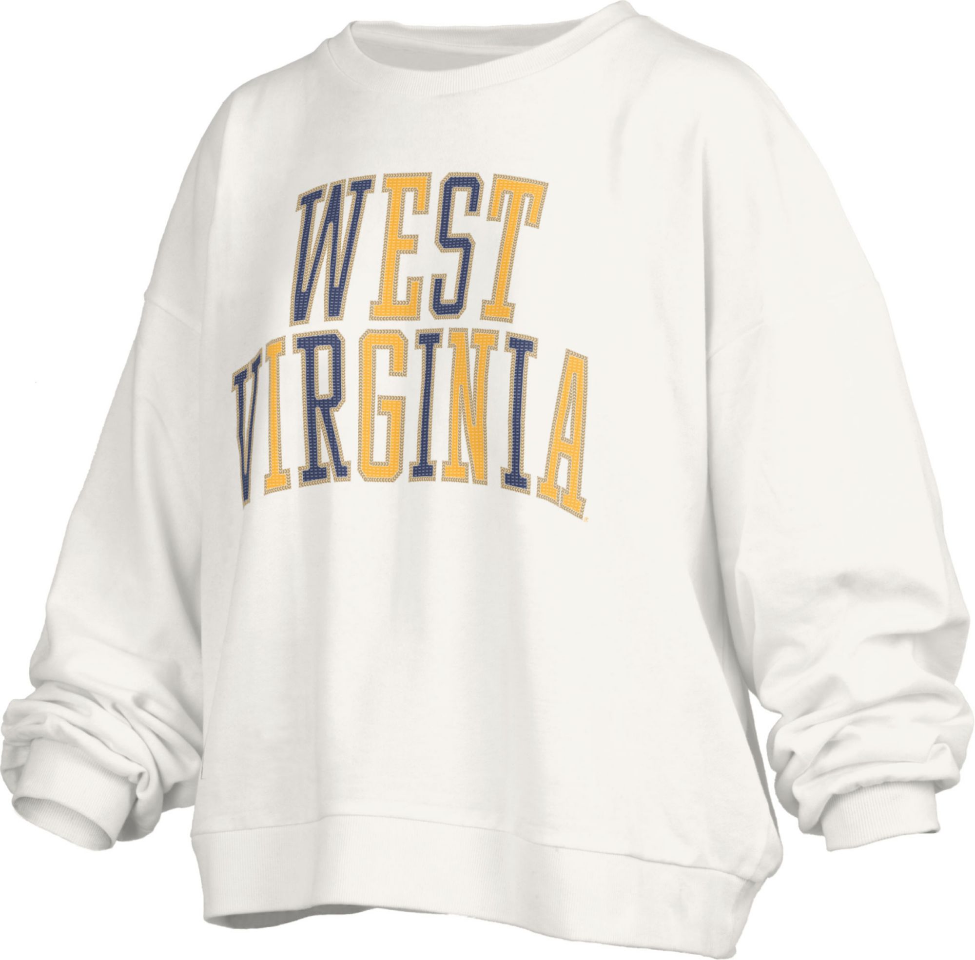 Pressbox Women's West Virginia Mountaineers White Sequin Crew Pullover Sweatshirt