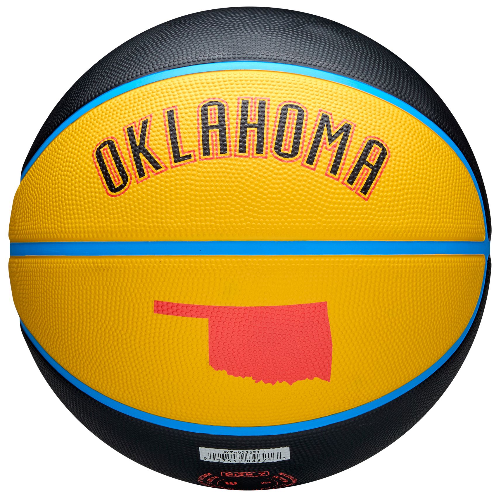 A black and yellow basketball with the state of Oklahoma on it and text