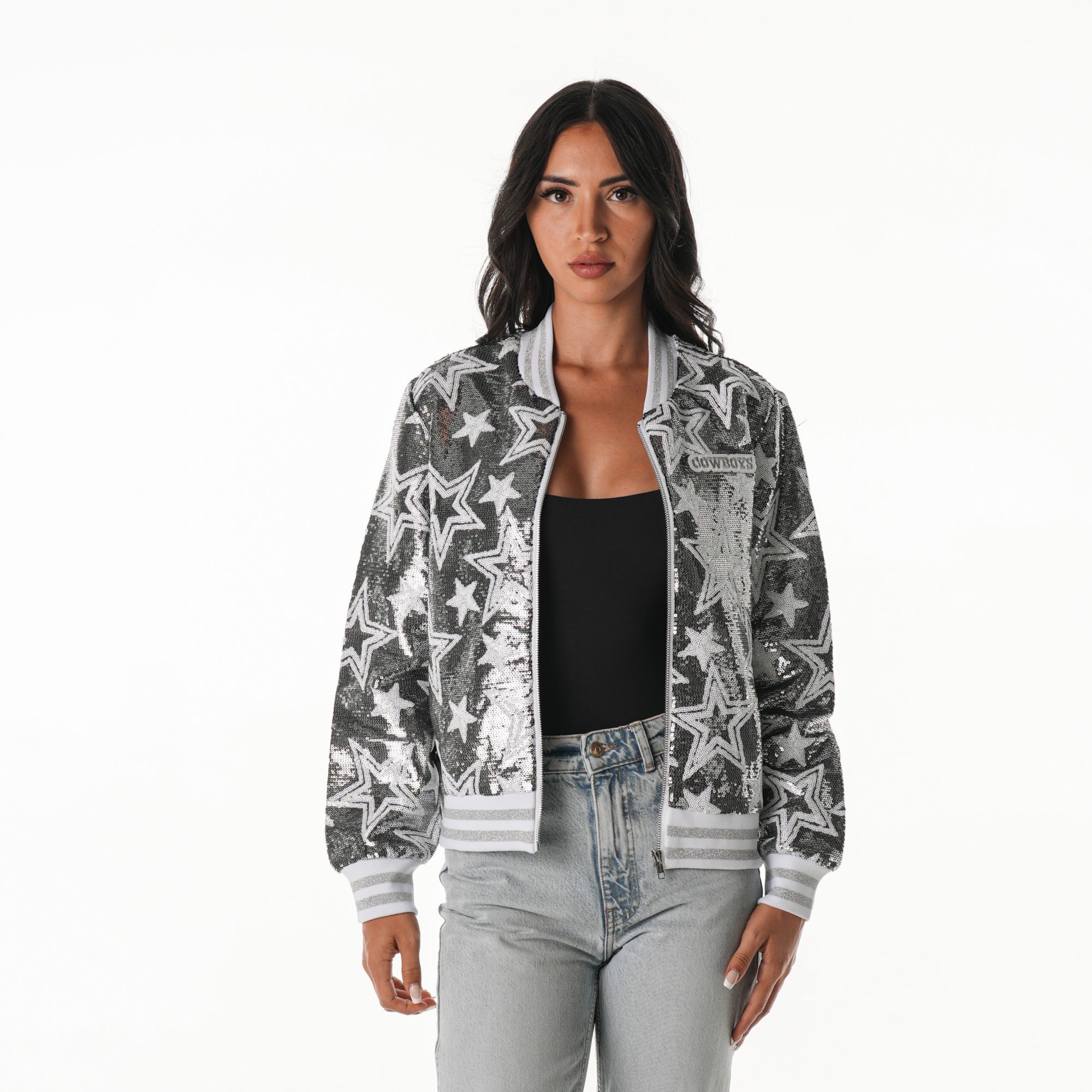 The Wild Collective Women's Dallas Cowboys Silver Sequin Bomber Jacket product image