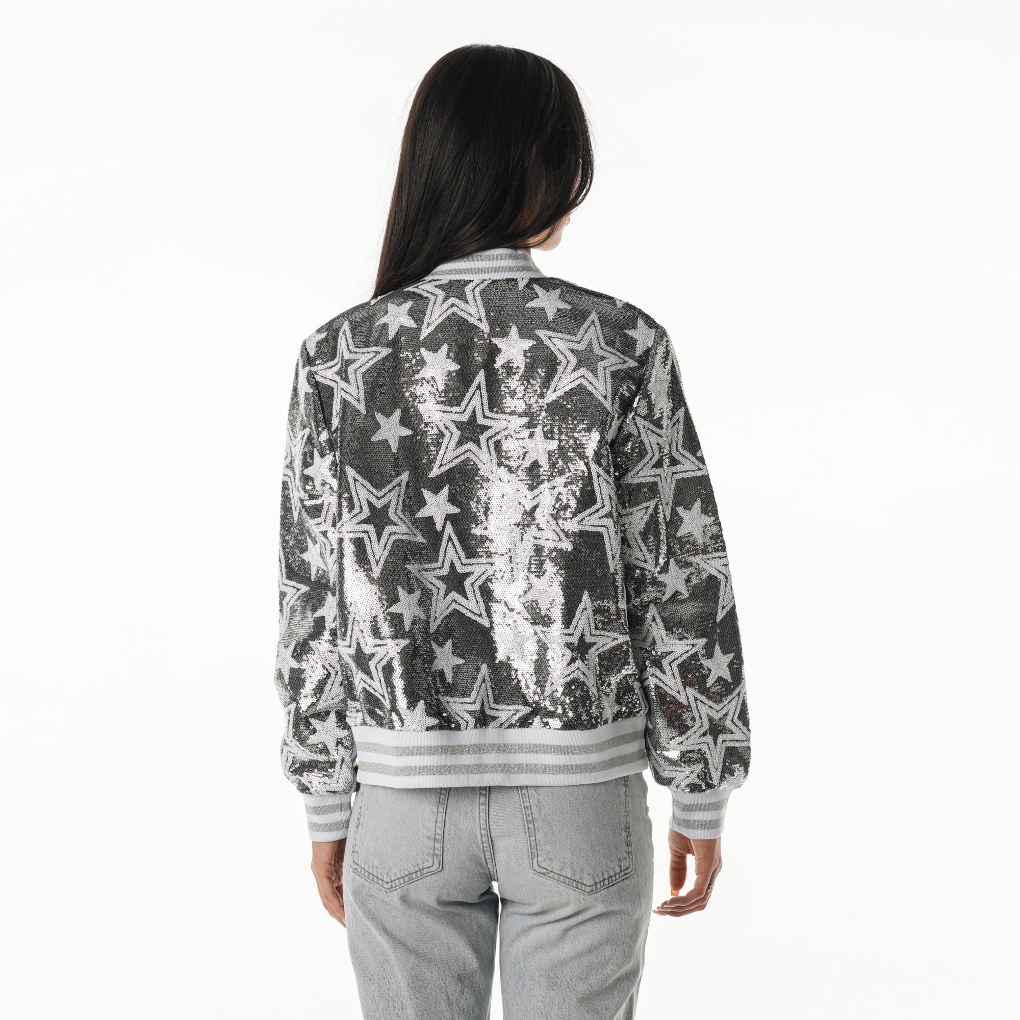 The Wild Collective Women's Dallas Cowboys Silver Sequin Bomber Jacket product image