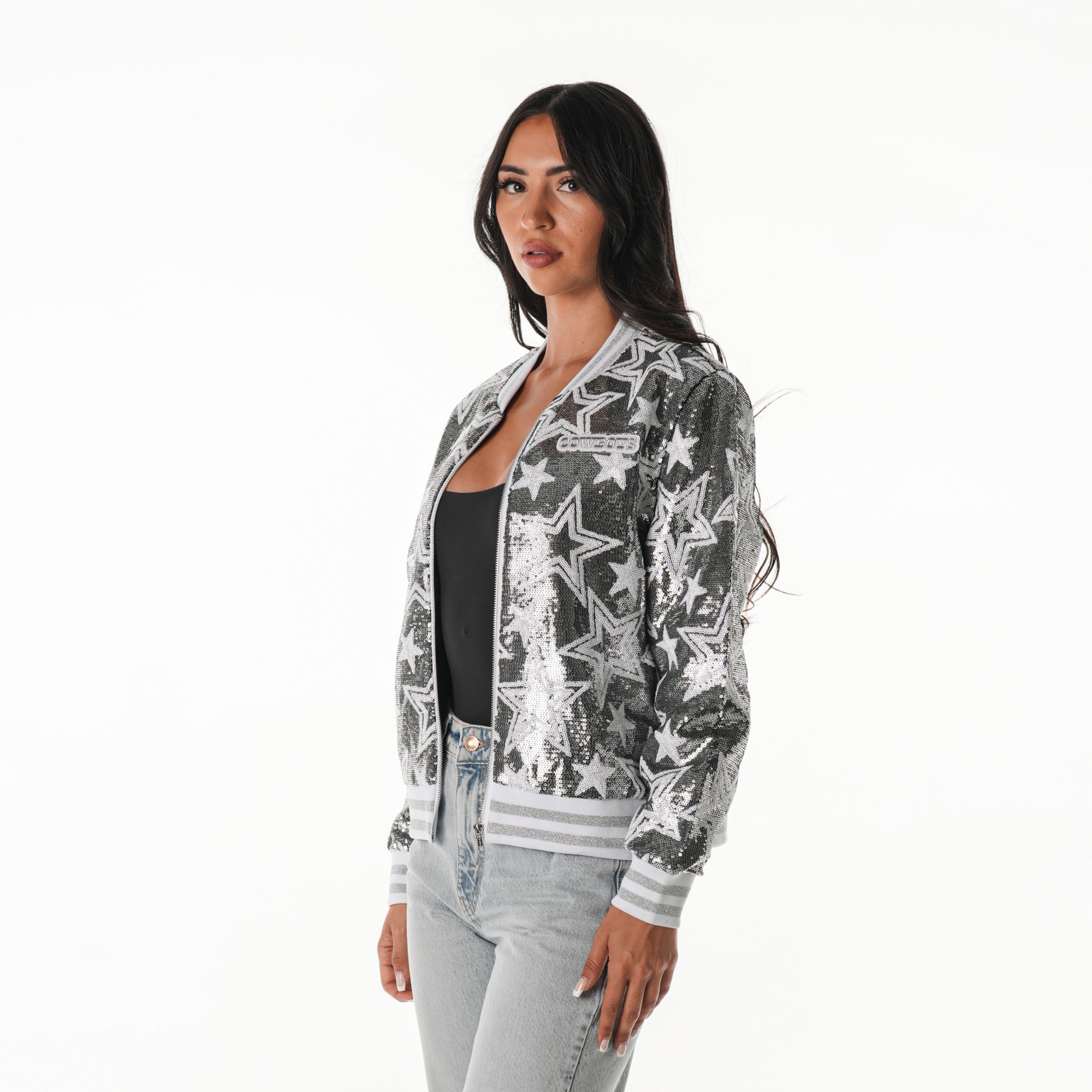 The Wild Collective Women's Dallas Cowboys Silver Sequin Bomber Jacket product image