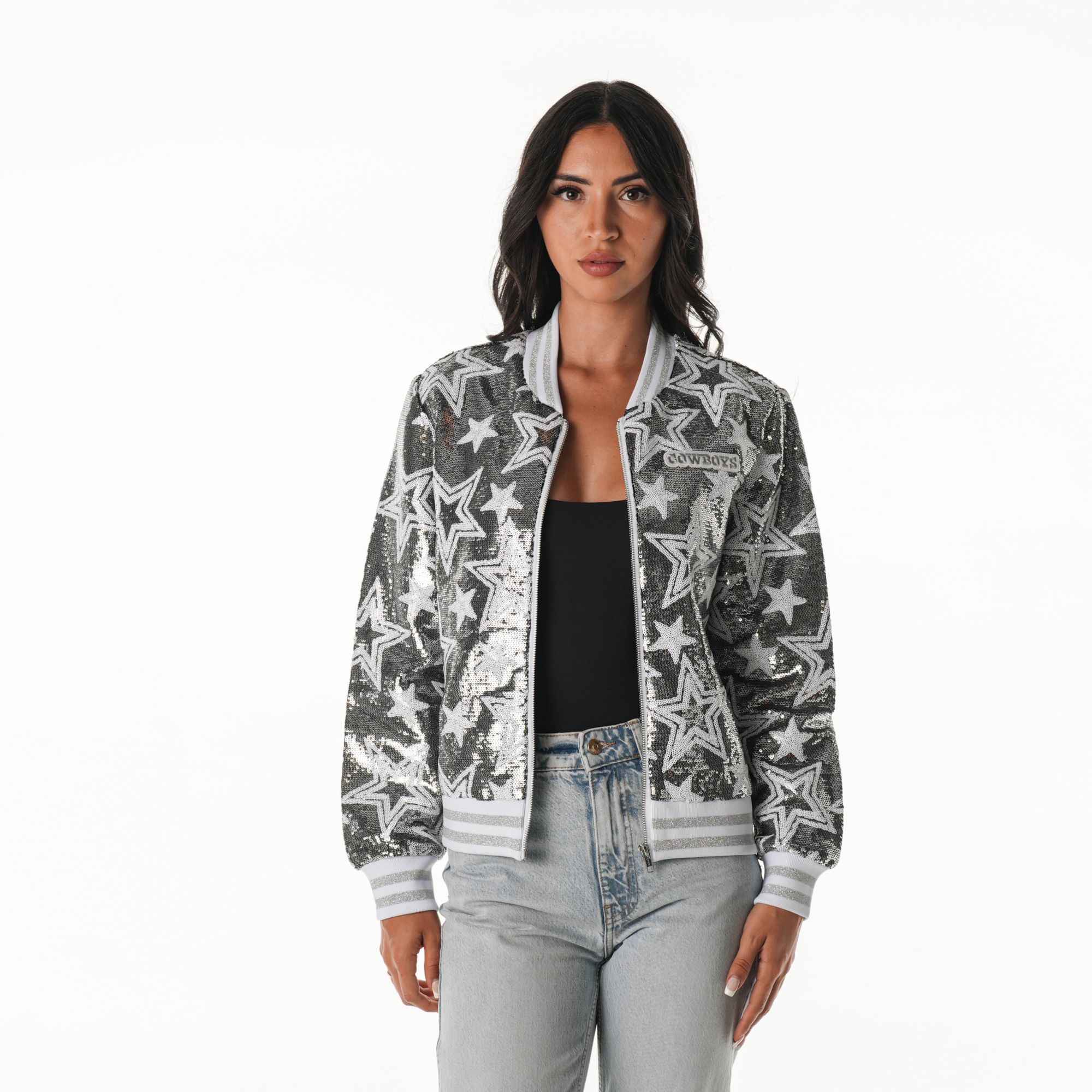 The Wild Collective Women's Dallas Cowboys Silver Sequin Bomber Jacket product image