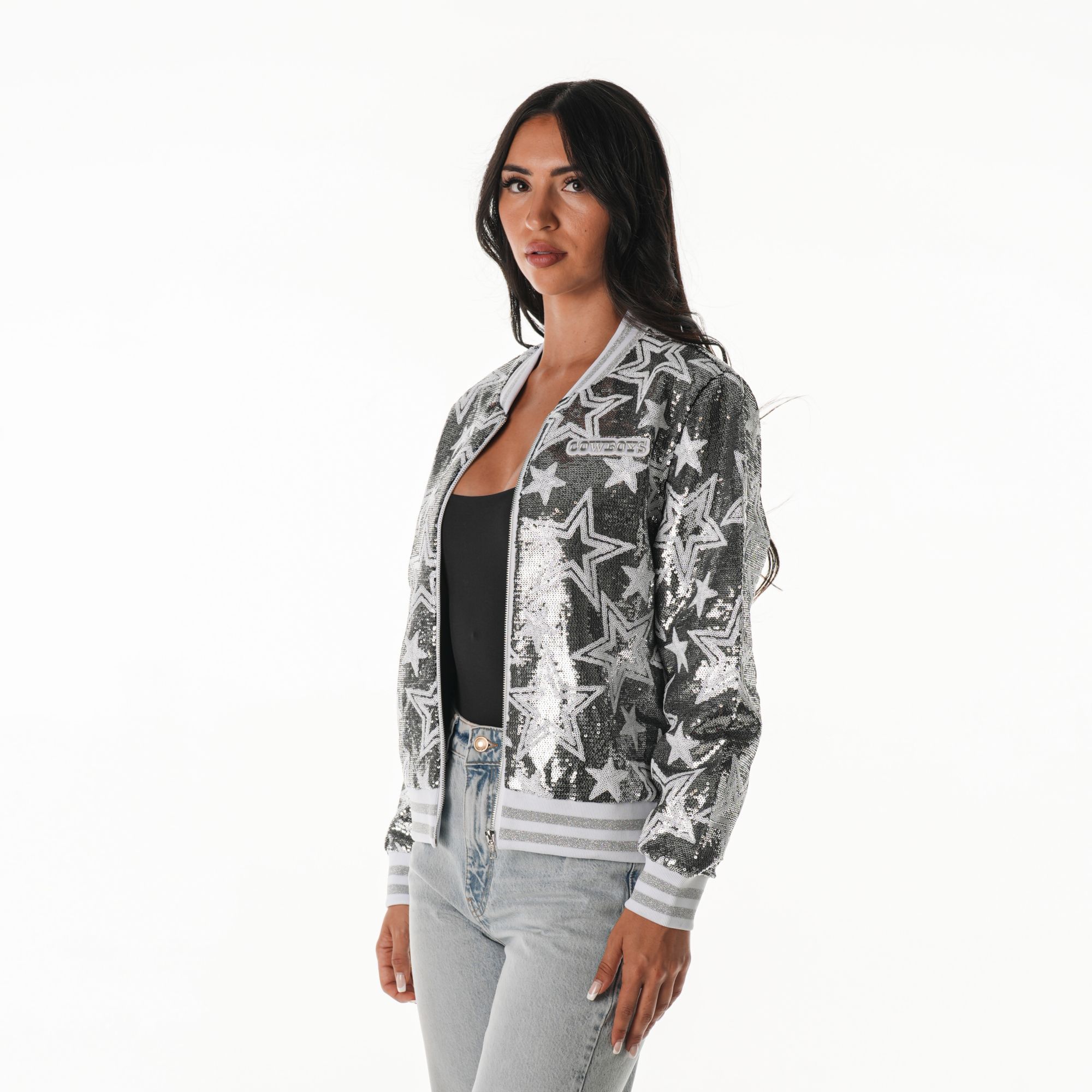 The Wild Collective Women's Dallas Cowboys Silver Sequin Bomber Jacket product image