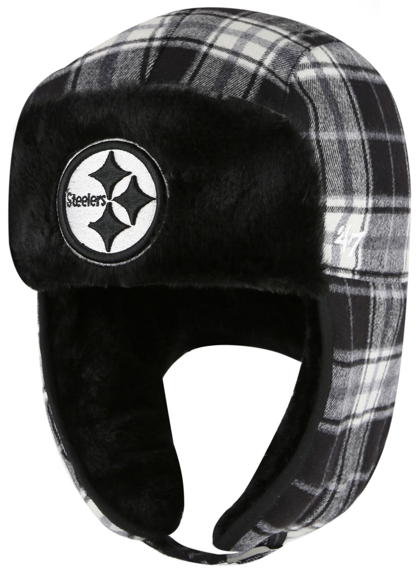 '47 Adult Pittsburgh Steelers Black Plaid Trapper Knit Hat product image