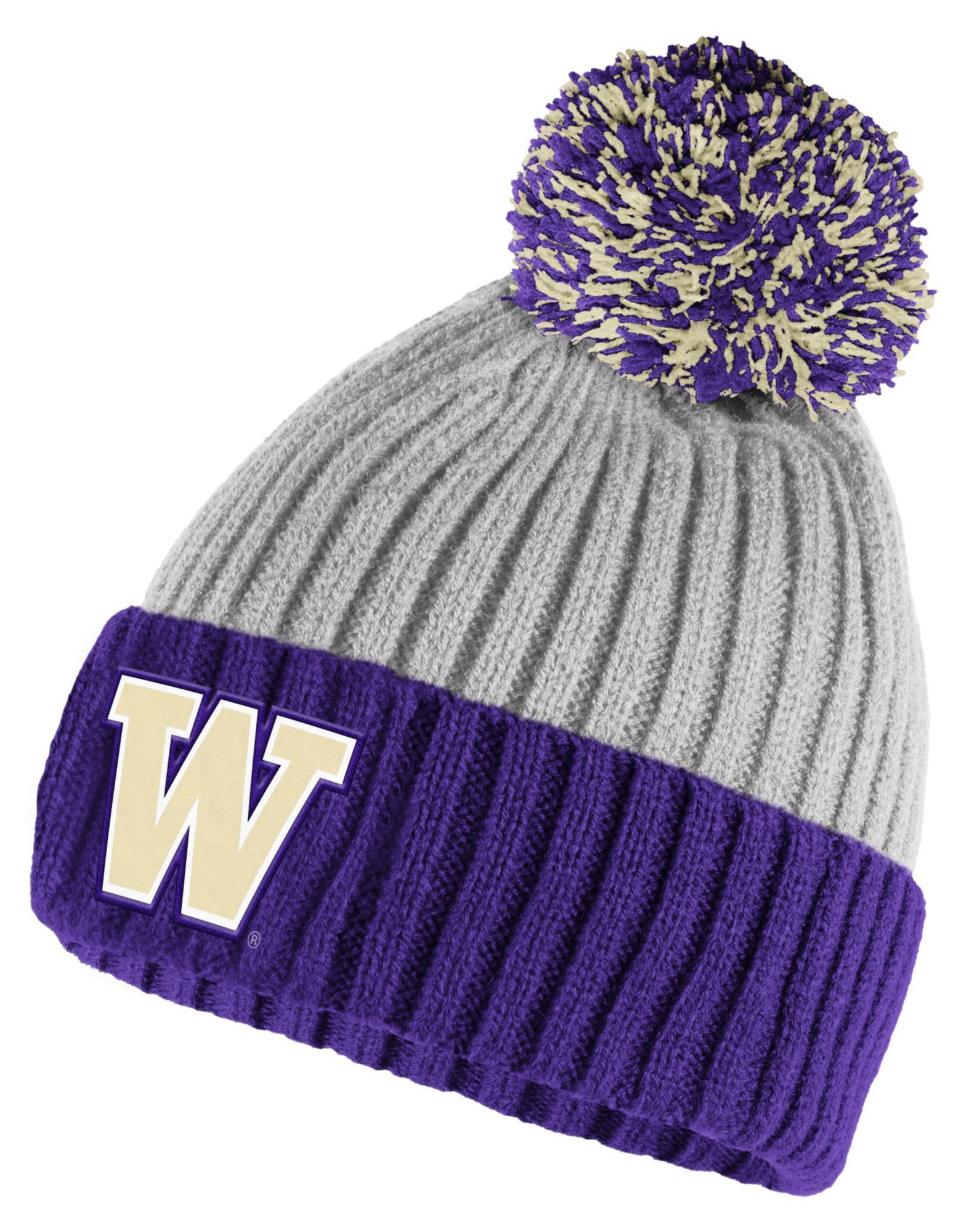 adidas Adult Washington Huskies Grey Rib Pom Knit Beanie product image