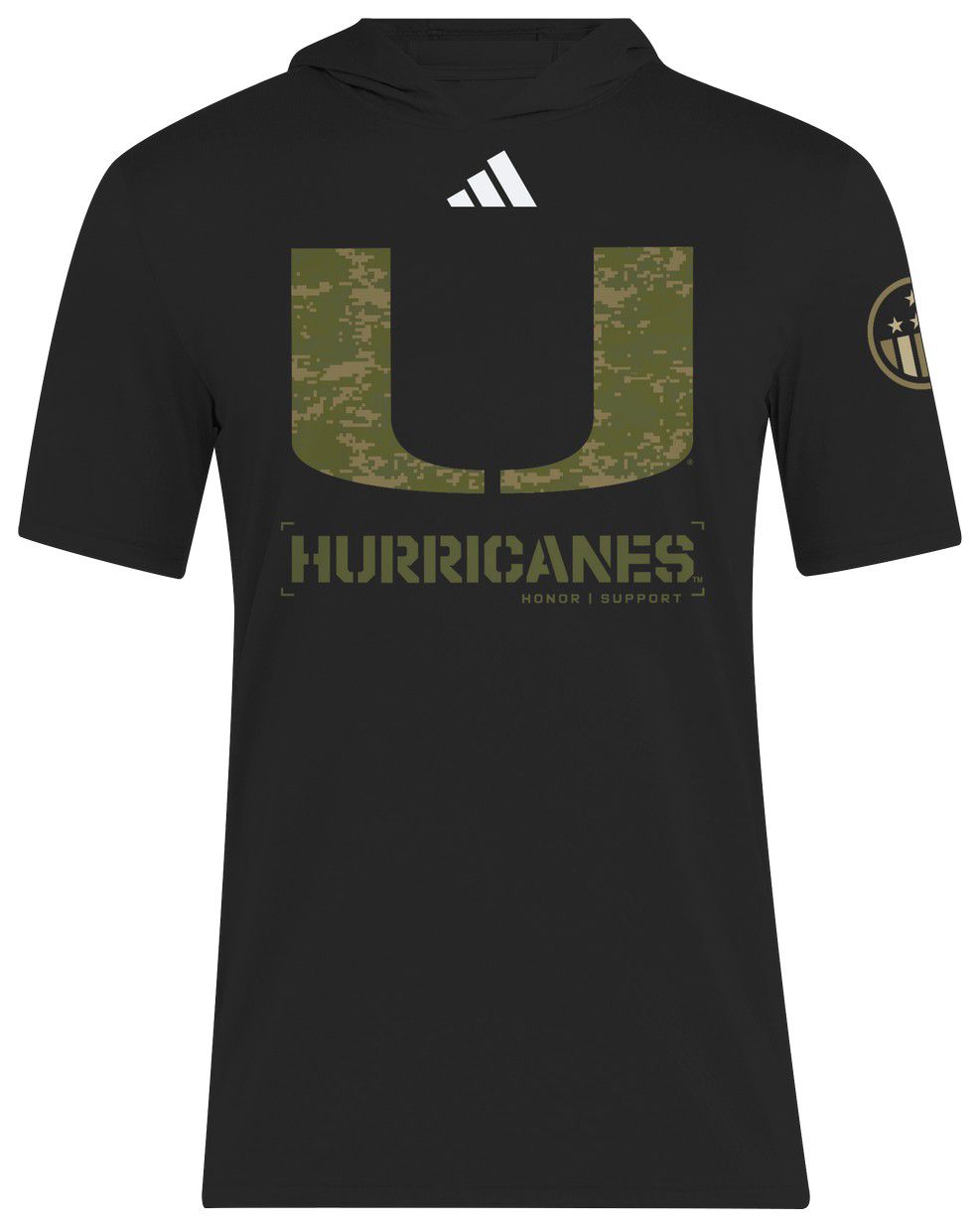 adidas Men's Miami Hurricanes Black D4T 2025 Honor and Support Short Sleeve Hoodie product image