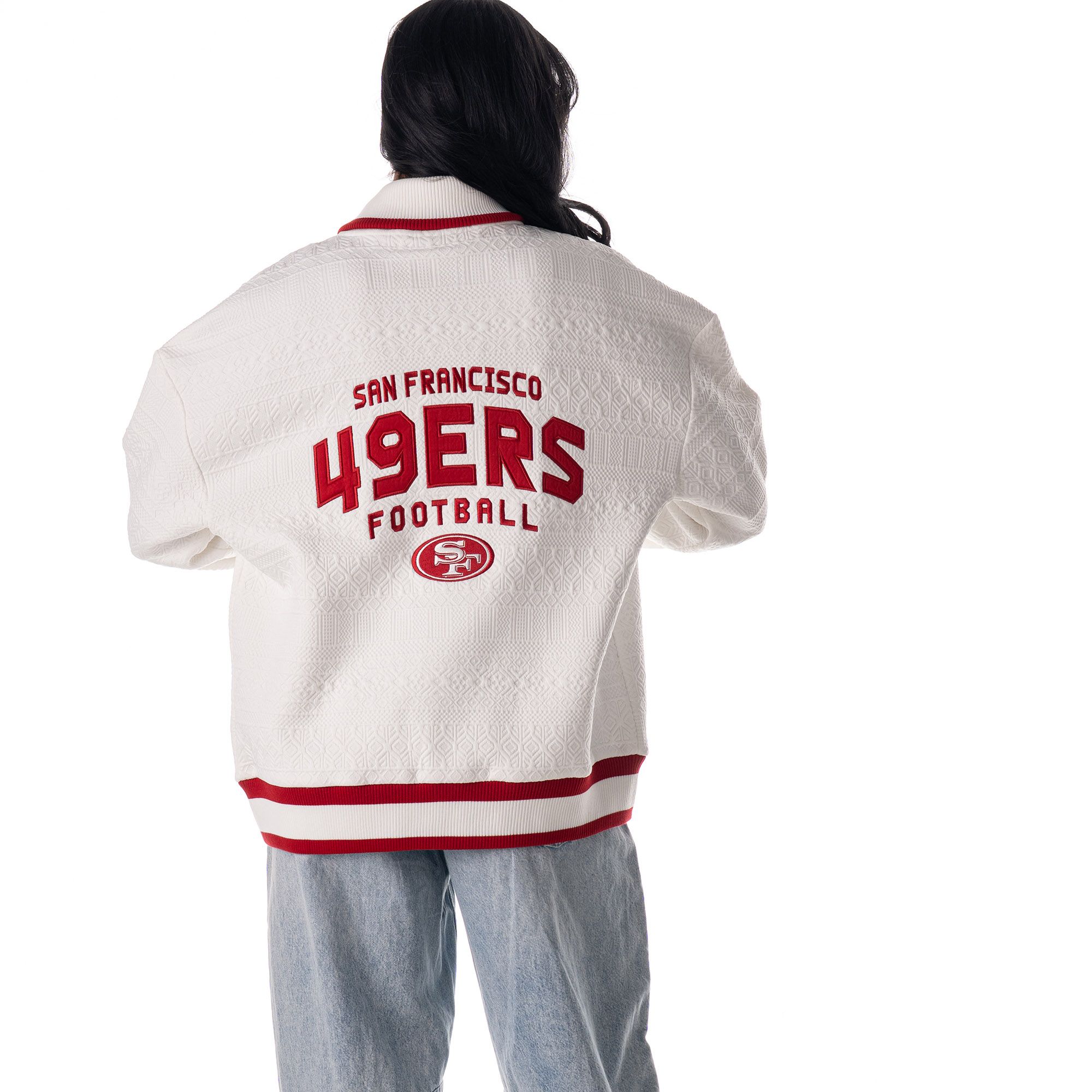 The Wild Collective Women's San Francisco 49ers Vintage White Knit Bomber Jacket product image