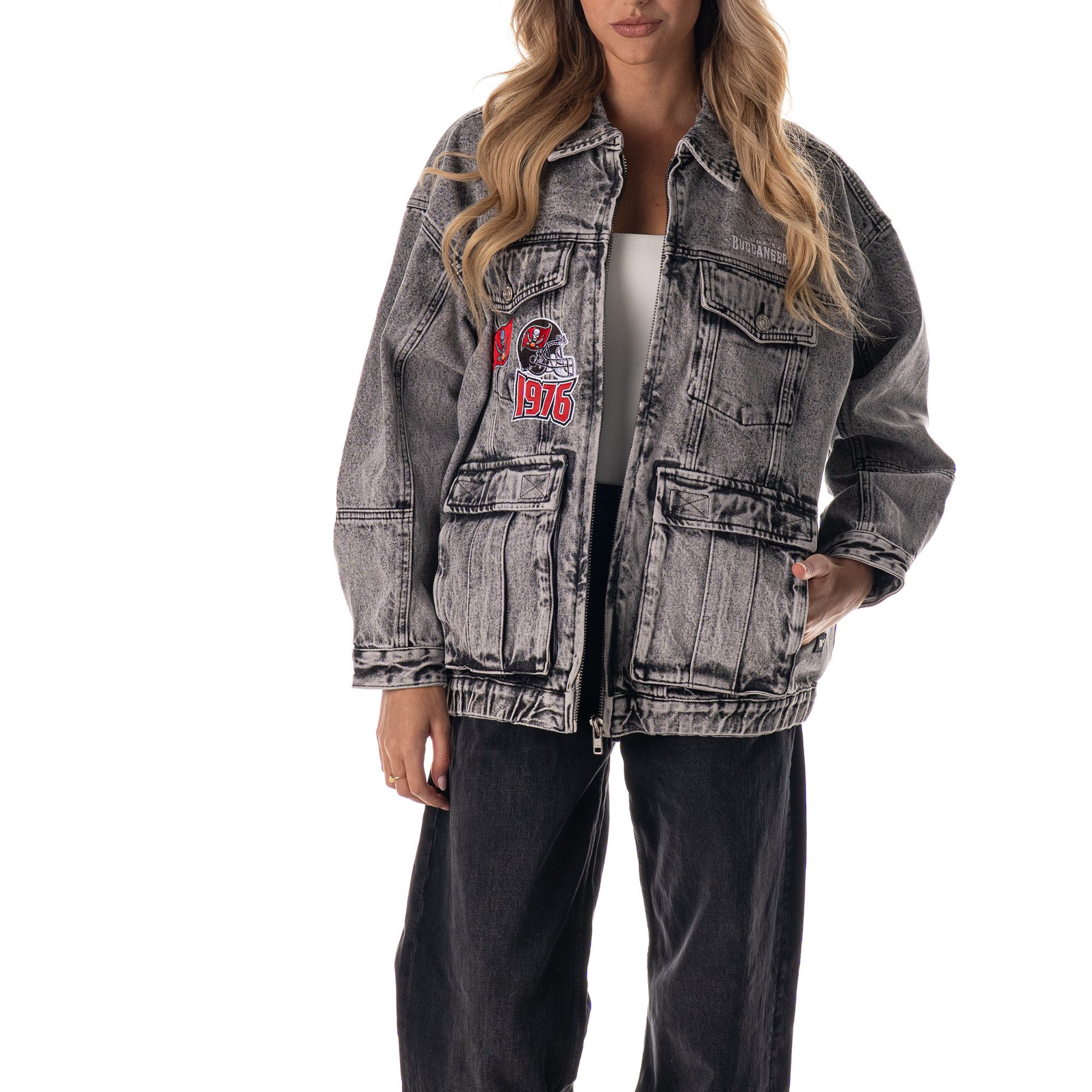 The Wild Collective Women's Tampa Bay Buccaneers Grey Denim Crystal Rock Denim Jacket product image