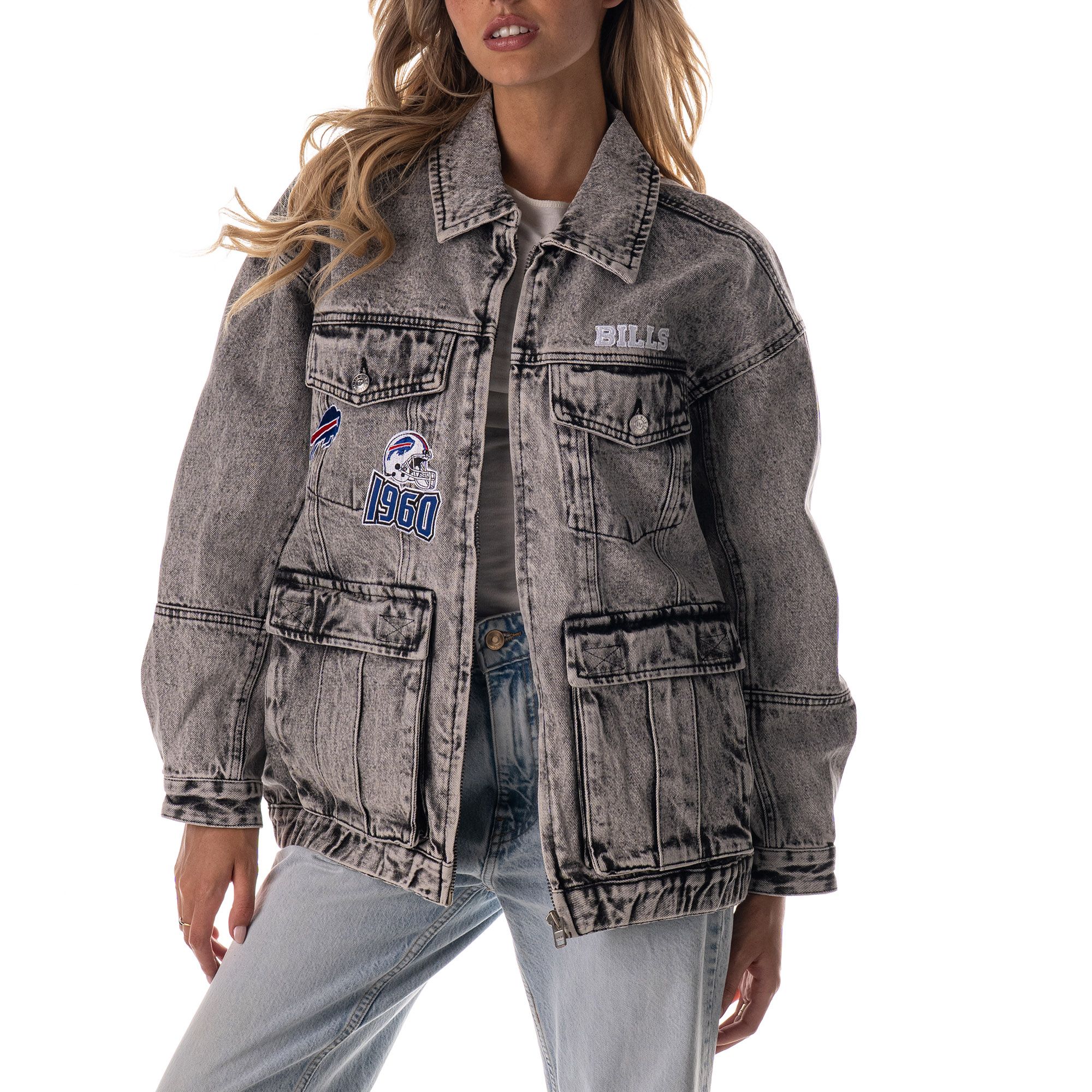 The Wild Collective Women's Buffalo Bills Grey Denim Crystal Rock Denim Jacket product image