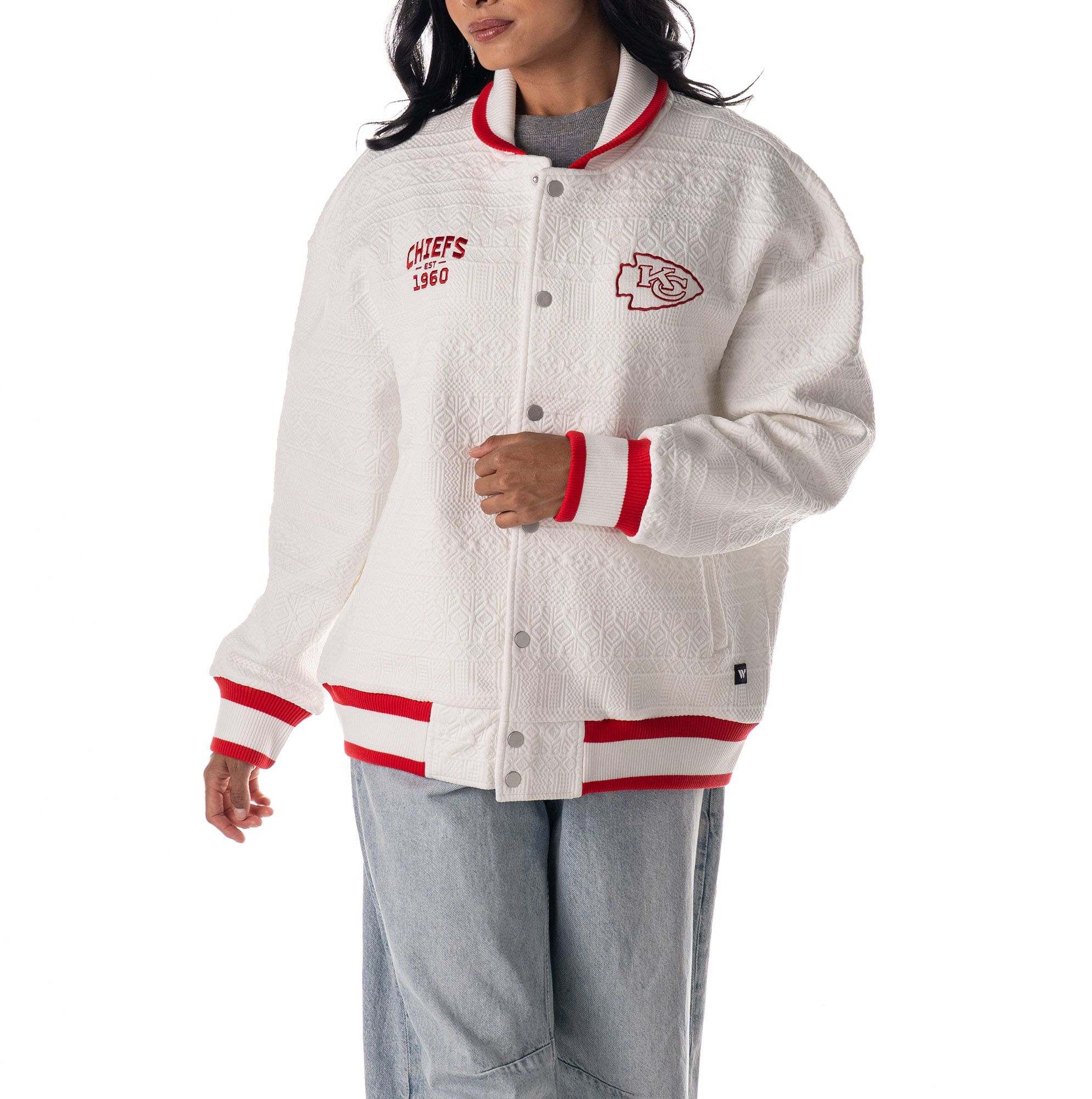 The Wild Collective Women's Kansas City Chiefs Vintage White Knit Bomber Jacket product image