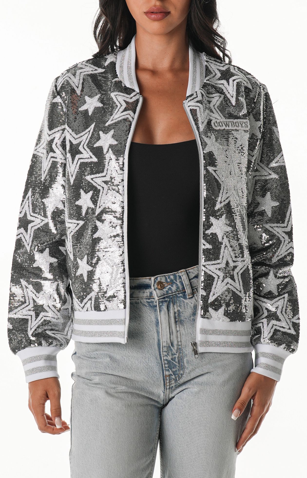 The Wild Collective Women's Dallas Cowboys Silver Sequin Bomber Jacket product image