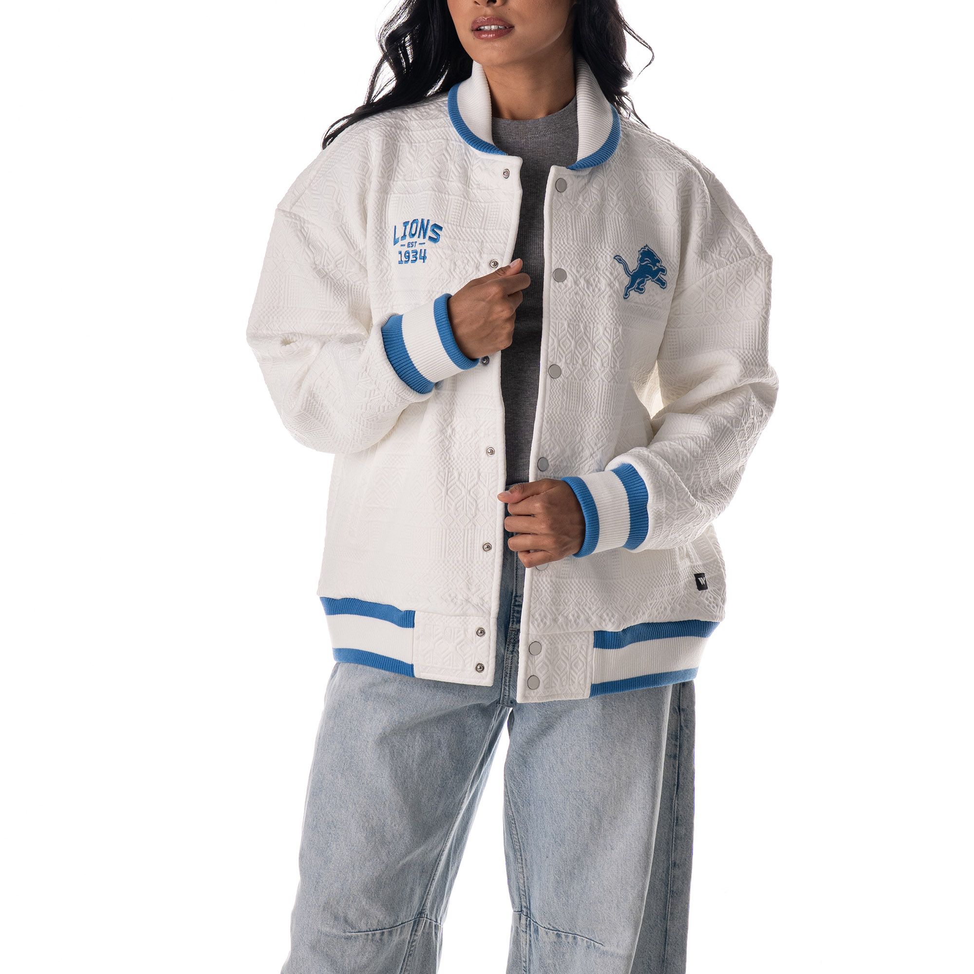 The Wild Collective Women's Detroit Lions Vintage White Knit Bomber Jacket product image