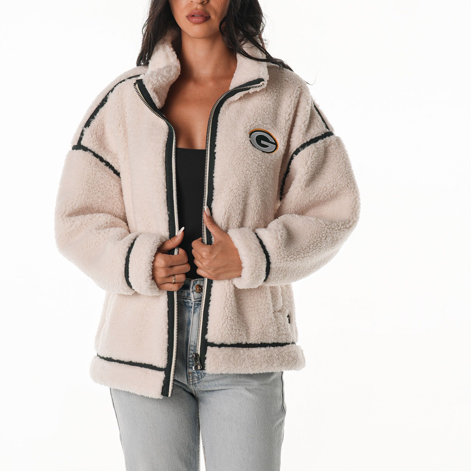 The Wild Collective Women's Green Bay Packers Natural Taping Sherpa Jacket product image