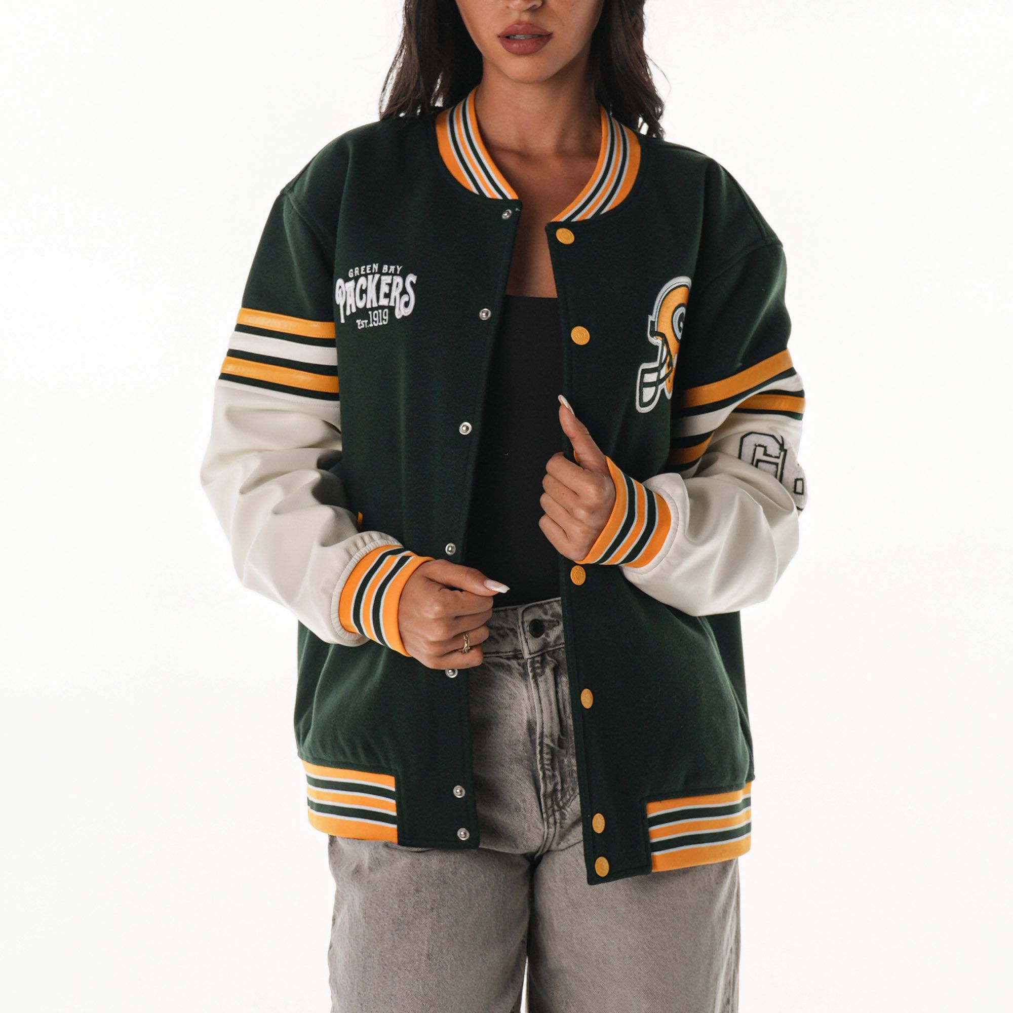 The Wild Collective Women's Green Bay Packers Green Varsity Jacket product image