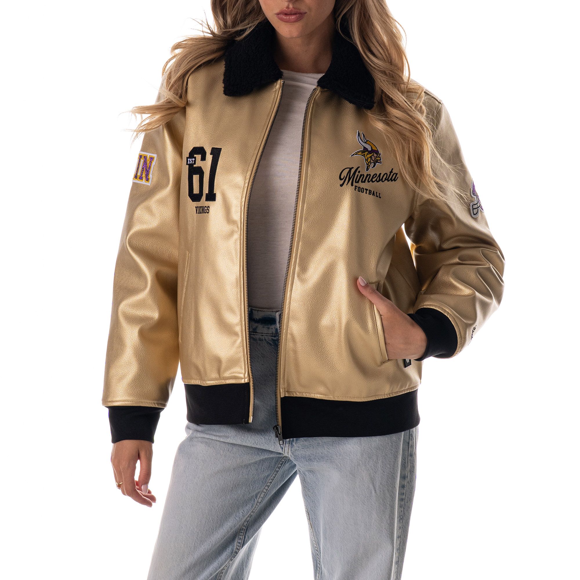 The Wild Collective Women's Minnesota Vikings Gold Metallic Jacket product image
