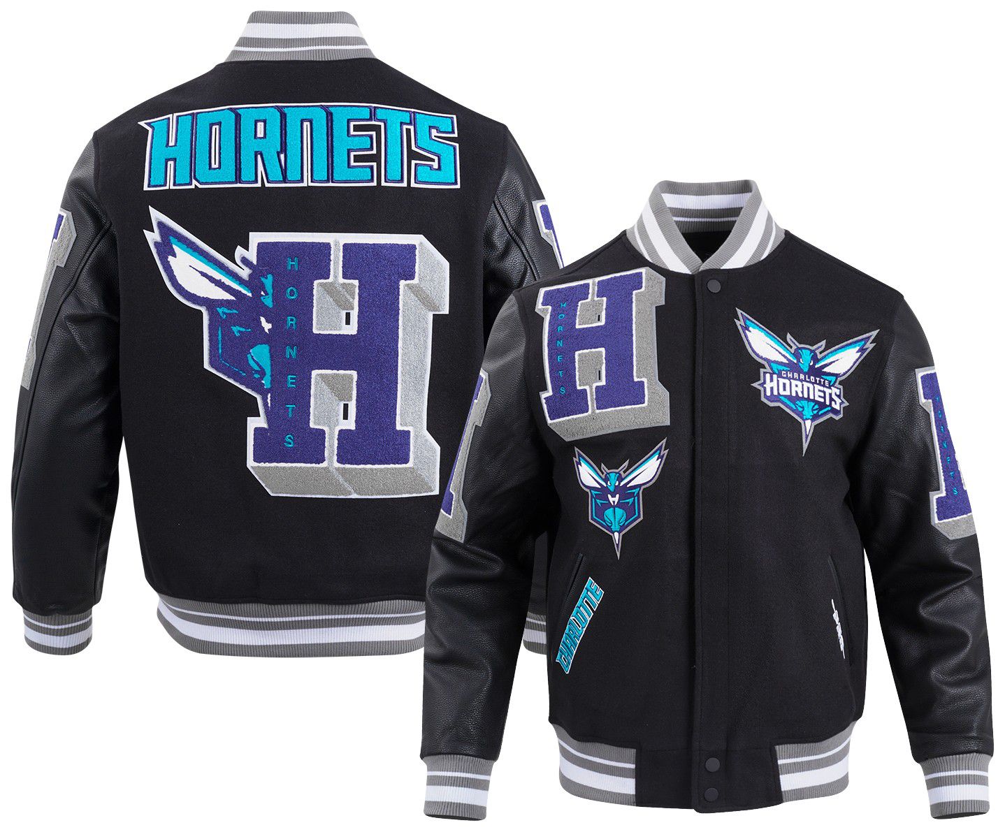 Pro Standard Men's Charlotte Hornets Black Mash Up Rib Wool Varsity Jacket product image