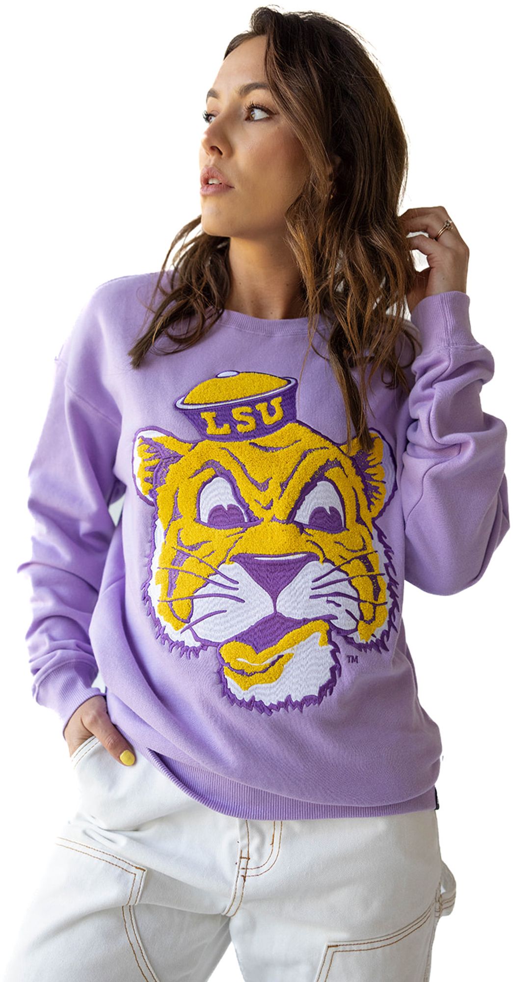 Gameday Social Women's LSU Tigers Lavender Chenille Mascot Crewneck Sweatshirt product image