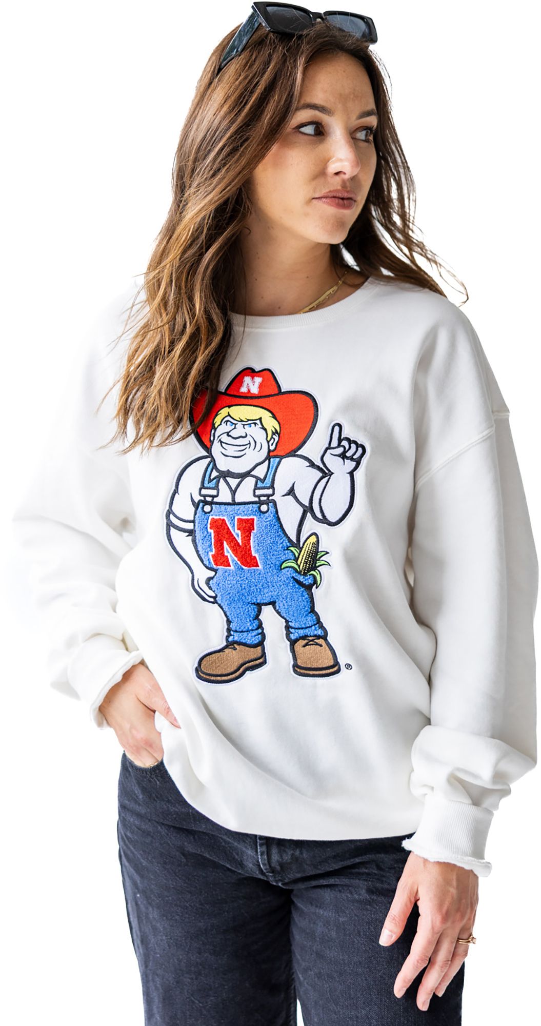 Gameday Social Women's Nebraska Cornhuskers White Chenille Mascot Crewneck Sweatshirt product image