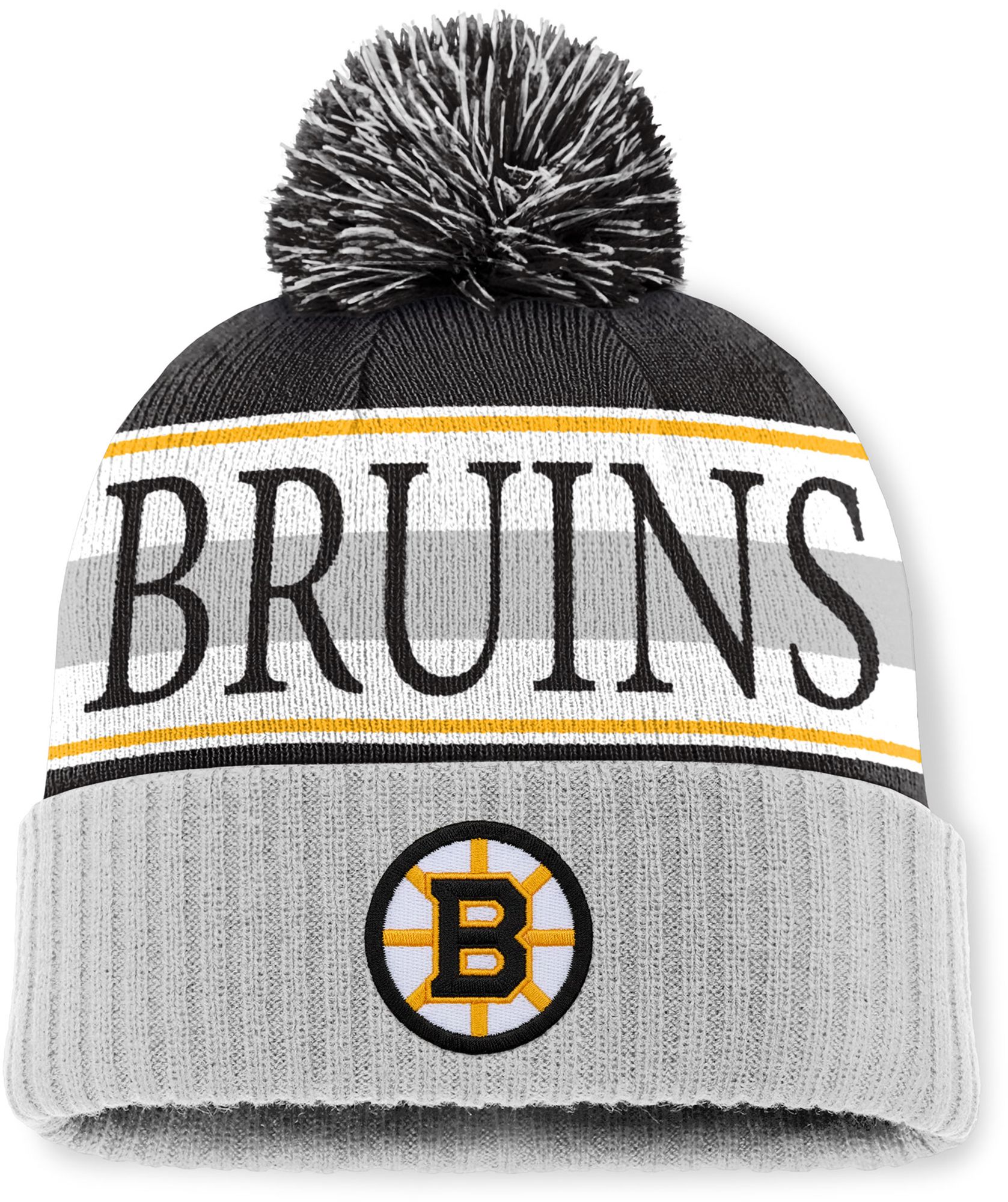 Mitchell & Ness Men's Boston Bruins Black and Grey Classic Pom Knit Beanie product image