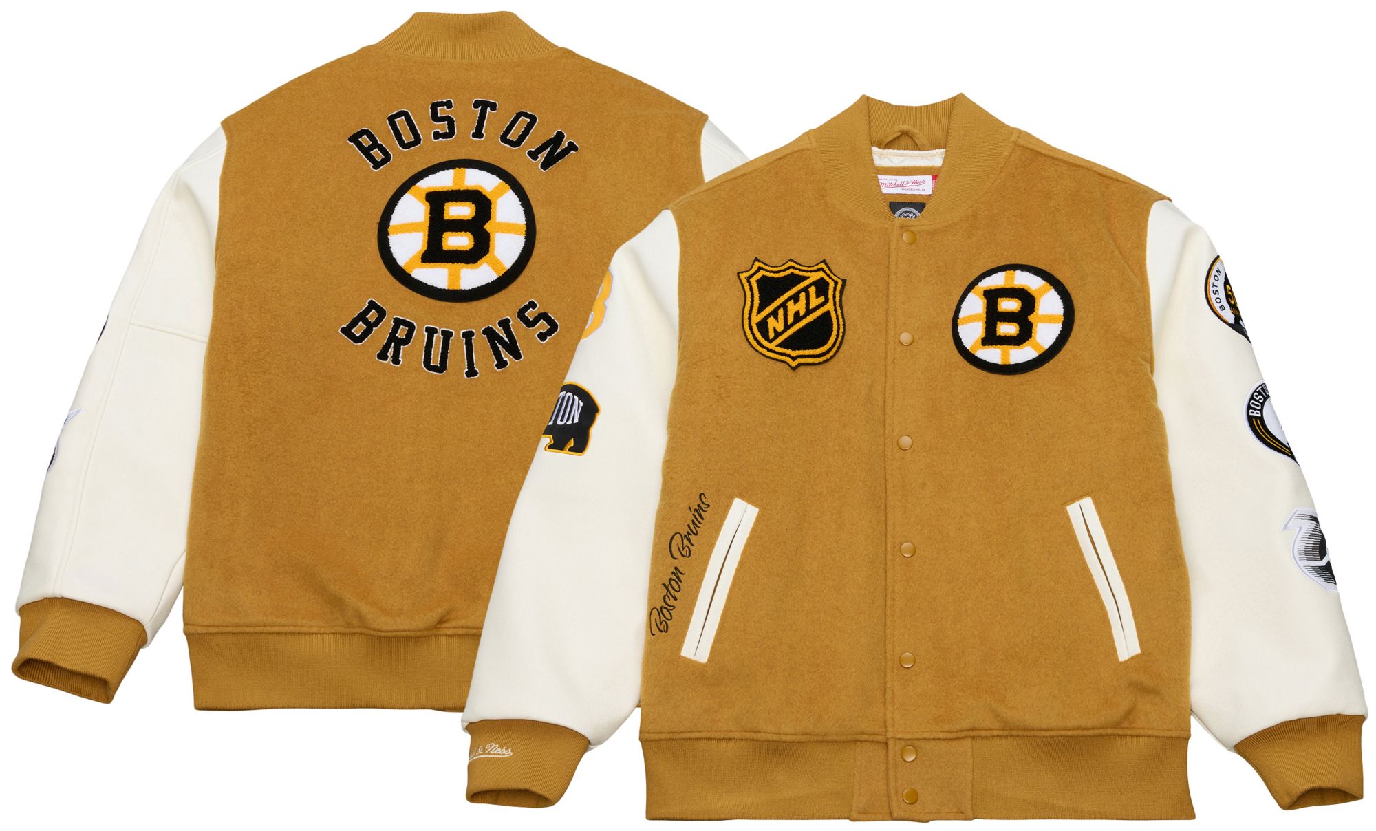 Mitchell & Ness Men's Boston Bruins Tan Dusted Varsity Jacket product image