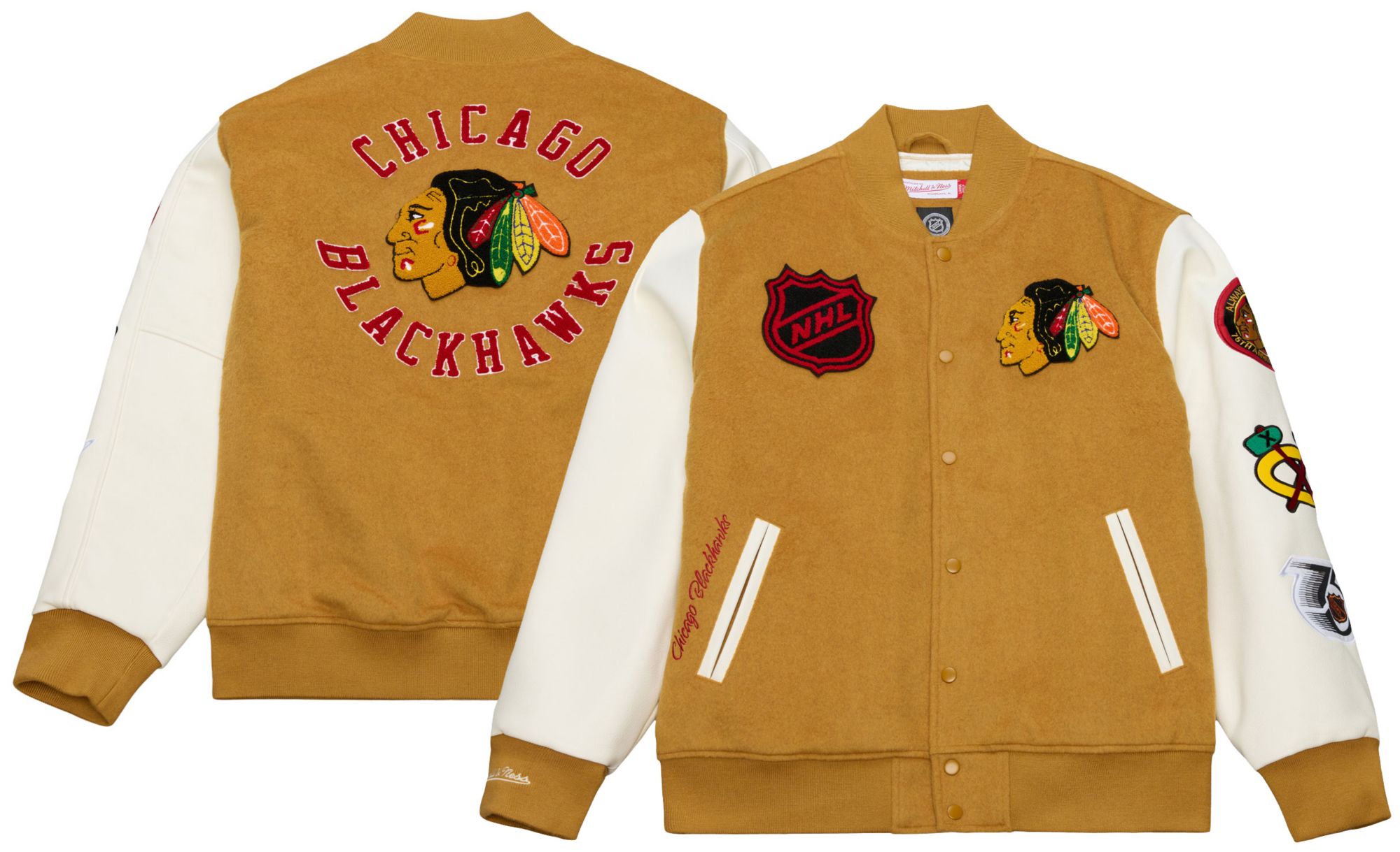 Mitchell & Ness Men's Chicago Blackhawks Tan Dusted Varsity Jacket product image