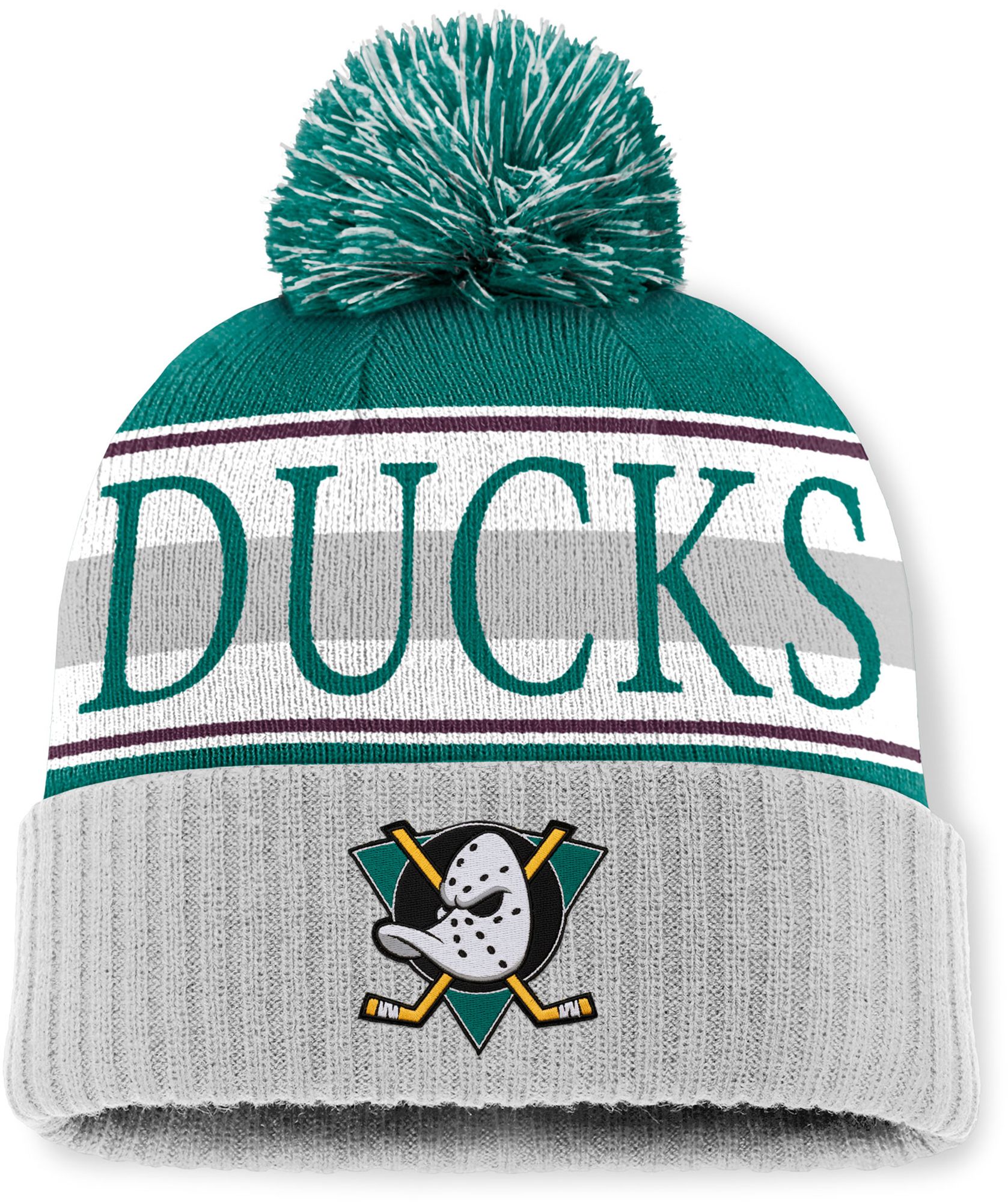 Mitchell & Ness Men's Anaheim Ducks Green and Grey Classic Pom Knit Beanie product image