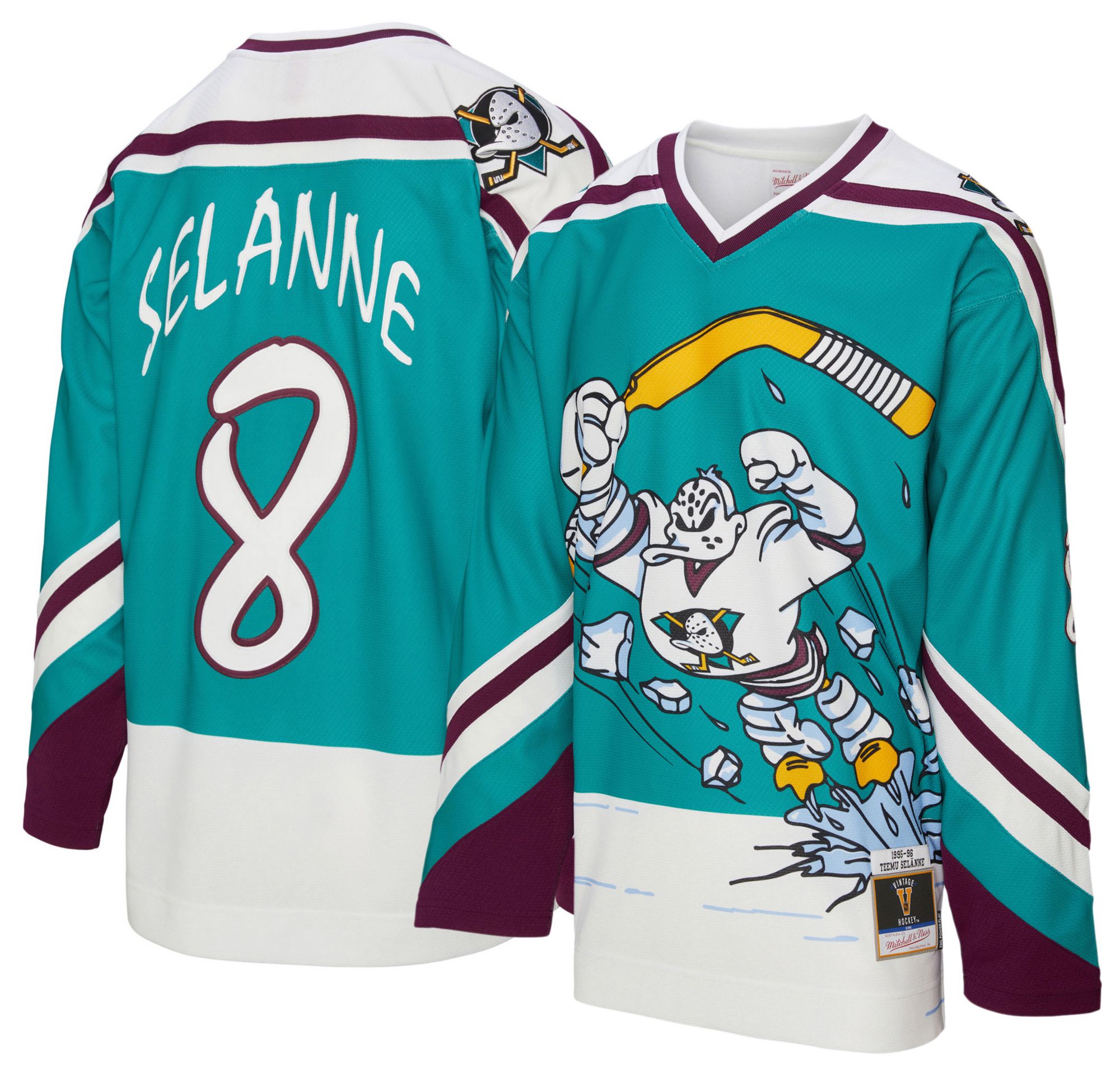 Mitchell & Ness Men's Anaheim Ducks Teemu Selanne #8 1995 Teal Power Play Vintage Replica Jersey product image