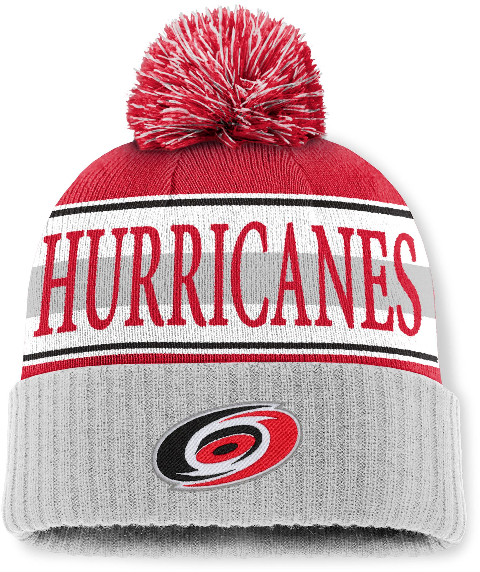 Mitchell & Ness Men's Carolina Hurricanes Red and Grey Classic Pom Knit Beanie product image
