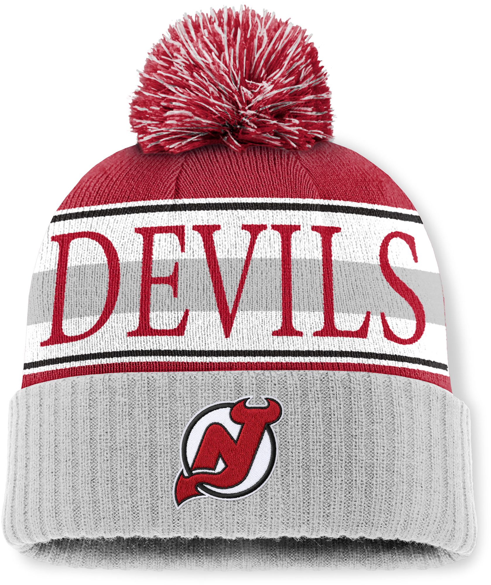 Mitchell & Ness Men's New Jersey Devils Red and Grey Classic Pom Knit Beanie product image