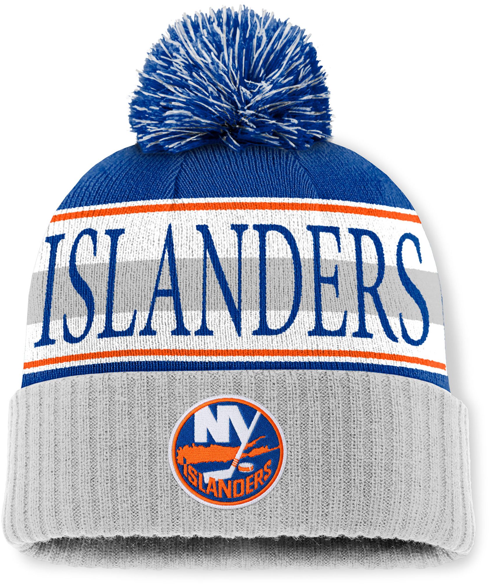 Mitchell & Ness Men's New York Islanders Blue and Grey Classic Pom Knit Beanie product image