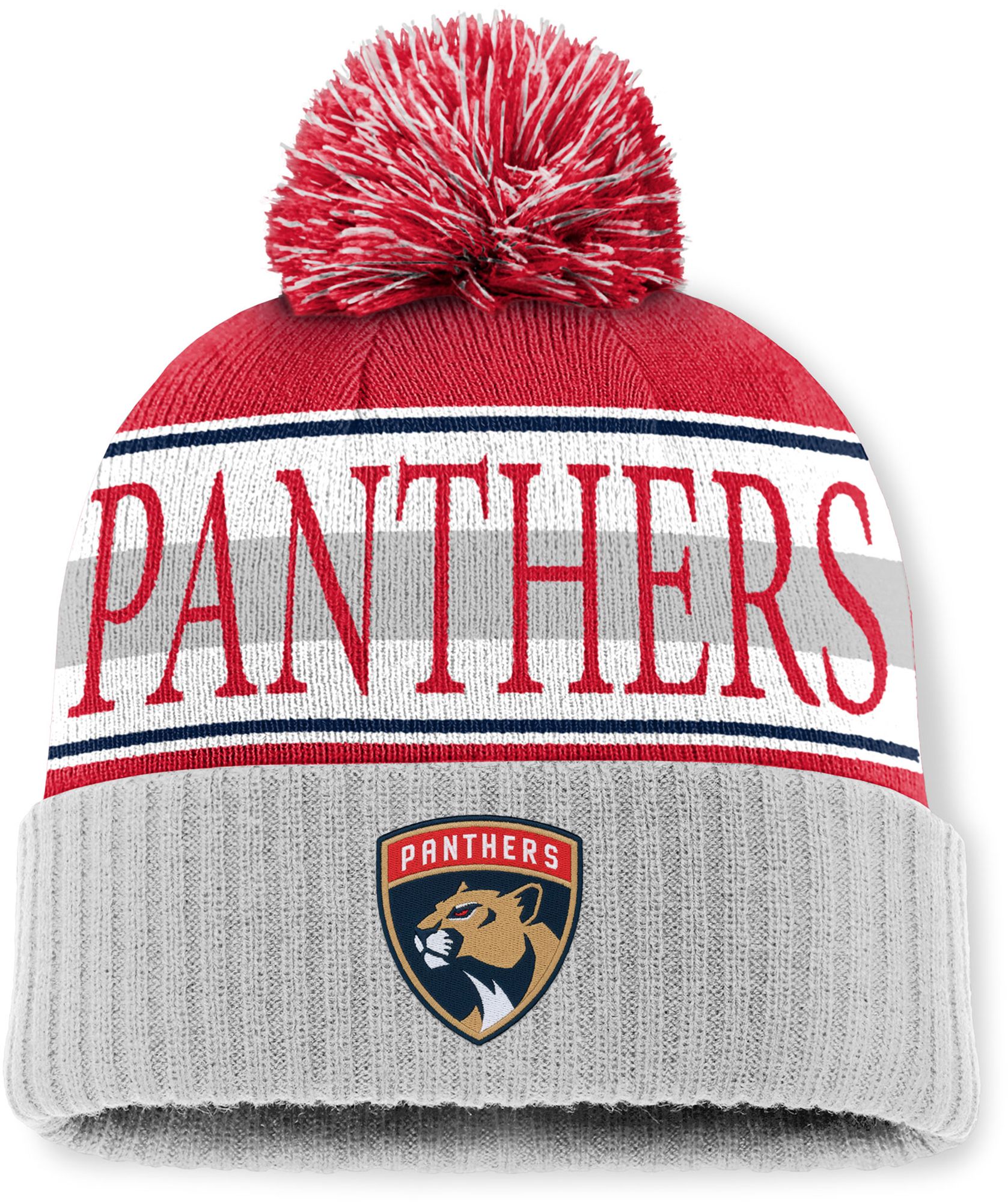 Mitchell & Ness Men's Florida Panthers Red and Grey Classic Pom Knit Beanie product image