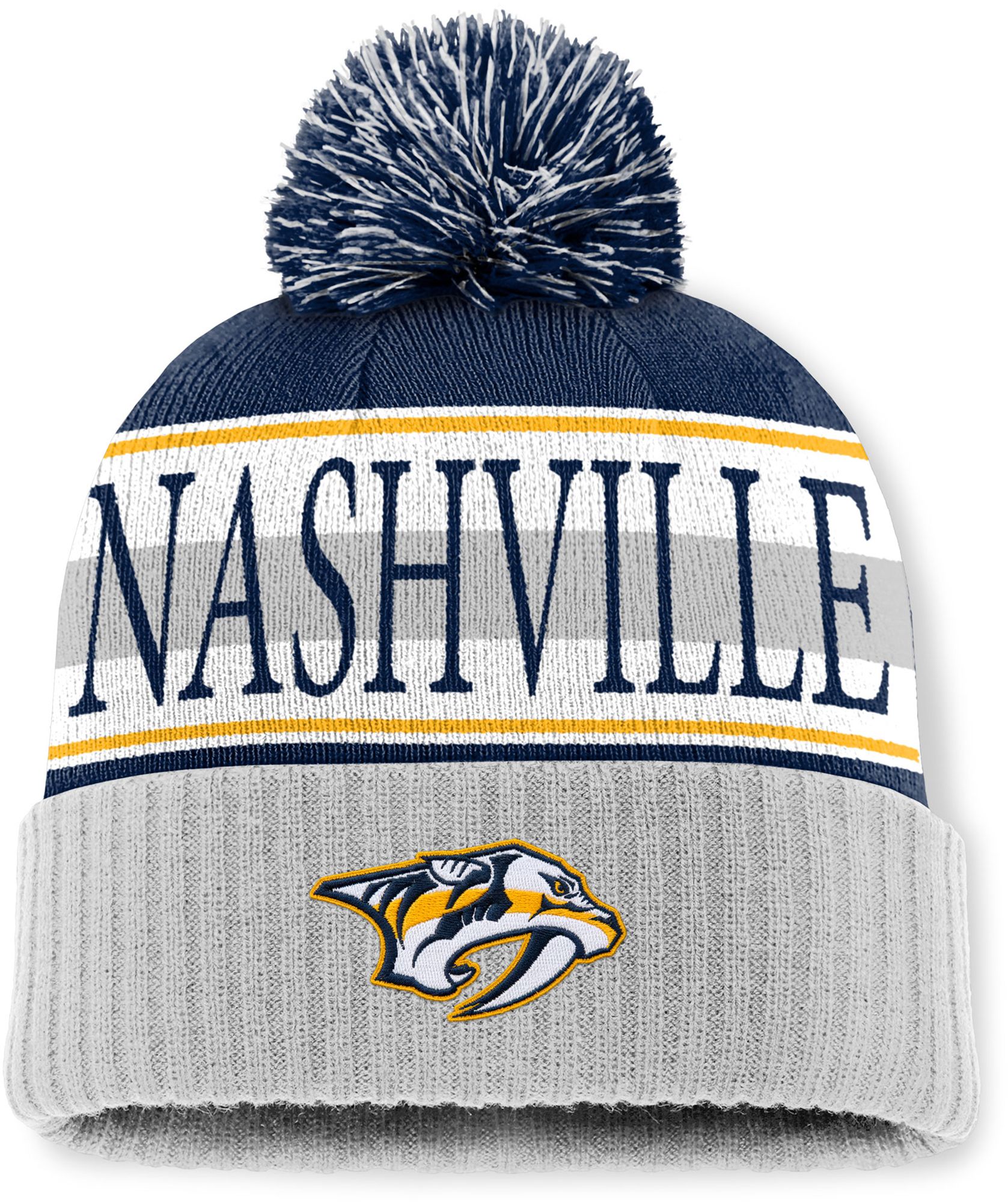 Mitchell & Ness Men's Nashville Predators Navy and Grey Classic Pom Knit Beanie product image