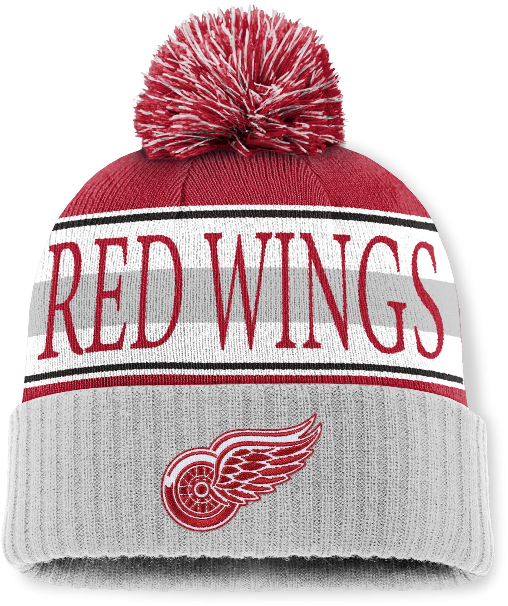 Mitchell & Ness Men's Detroit Red Wings Red and Grey Classic Pom Knit Beanie product image