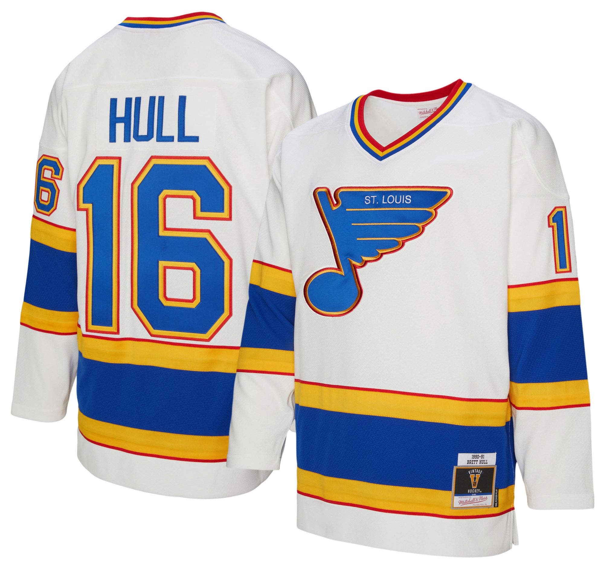 Mitchell & Ness Men's St. Louis Blues Brett Hull #16 1990 White Power Play Vintage Replica Jersey product image