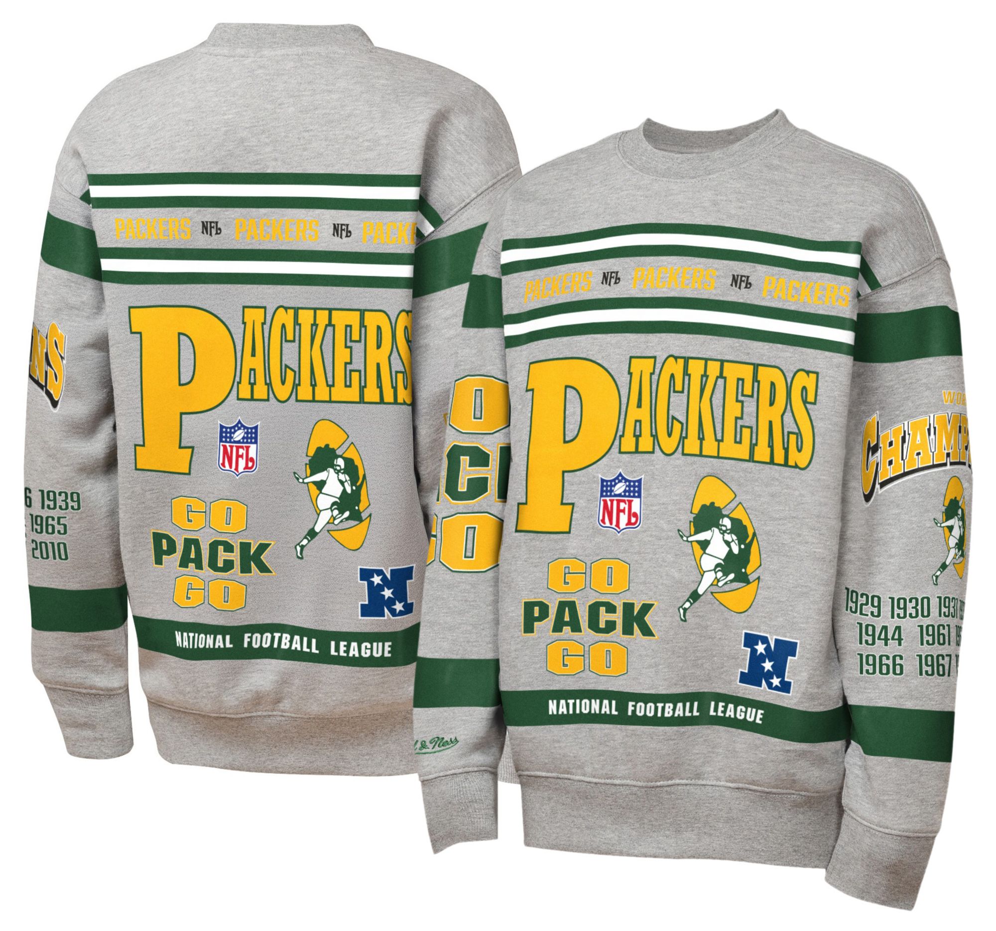Mitchell & Ness Youth Green Bay Packers Grey AOP Fleece Crew Pullover Sweatshirt product image
